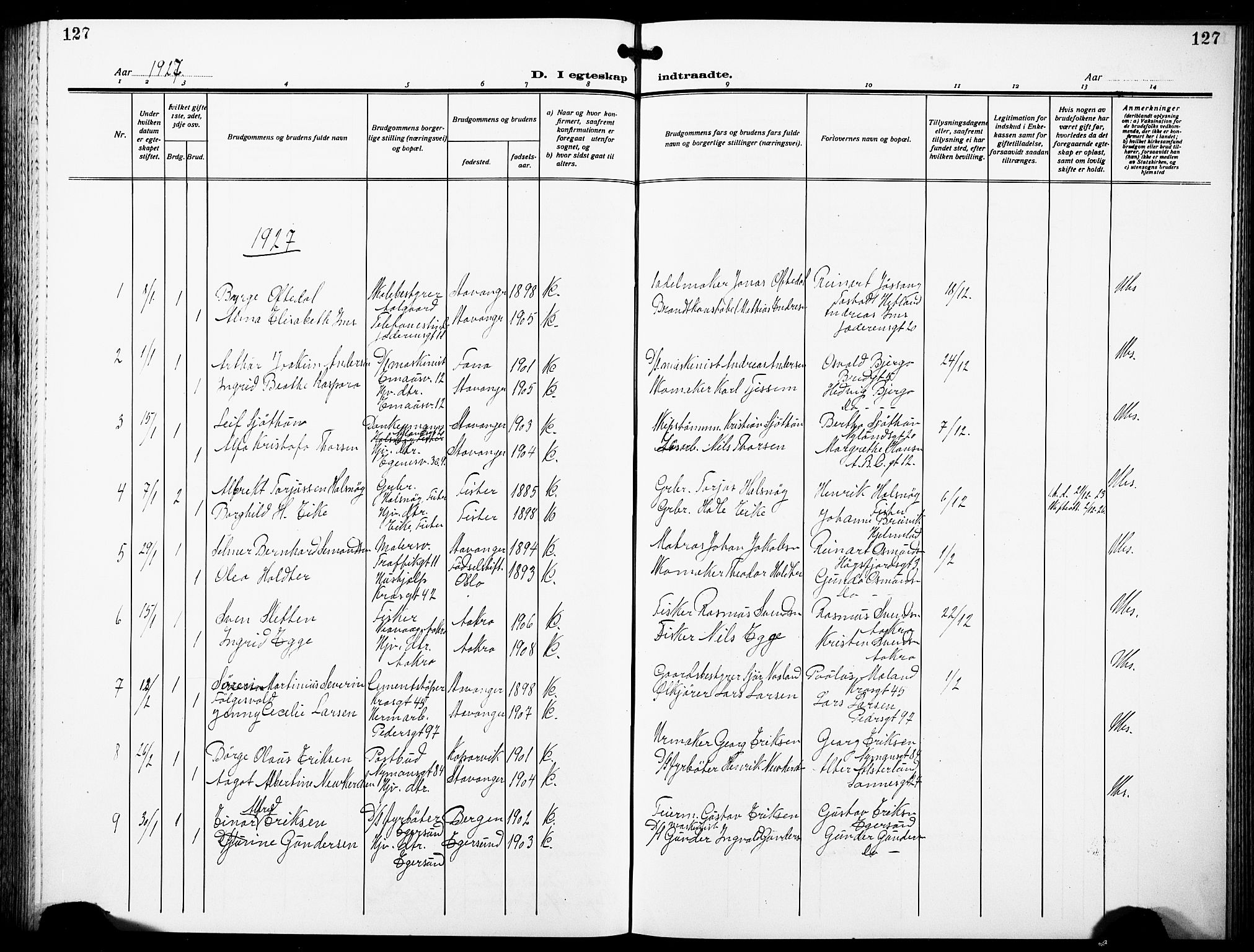 St. Johannes sokneprestkontor, SAST/A-101814/001/30/30BB/L0007: Parish register (copy) no. B 7, 1917-1932, p. 127