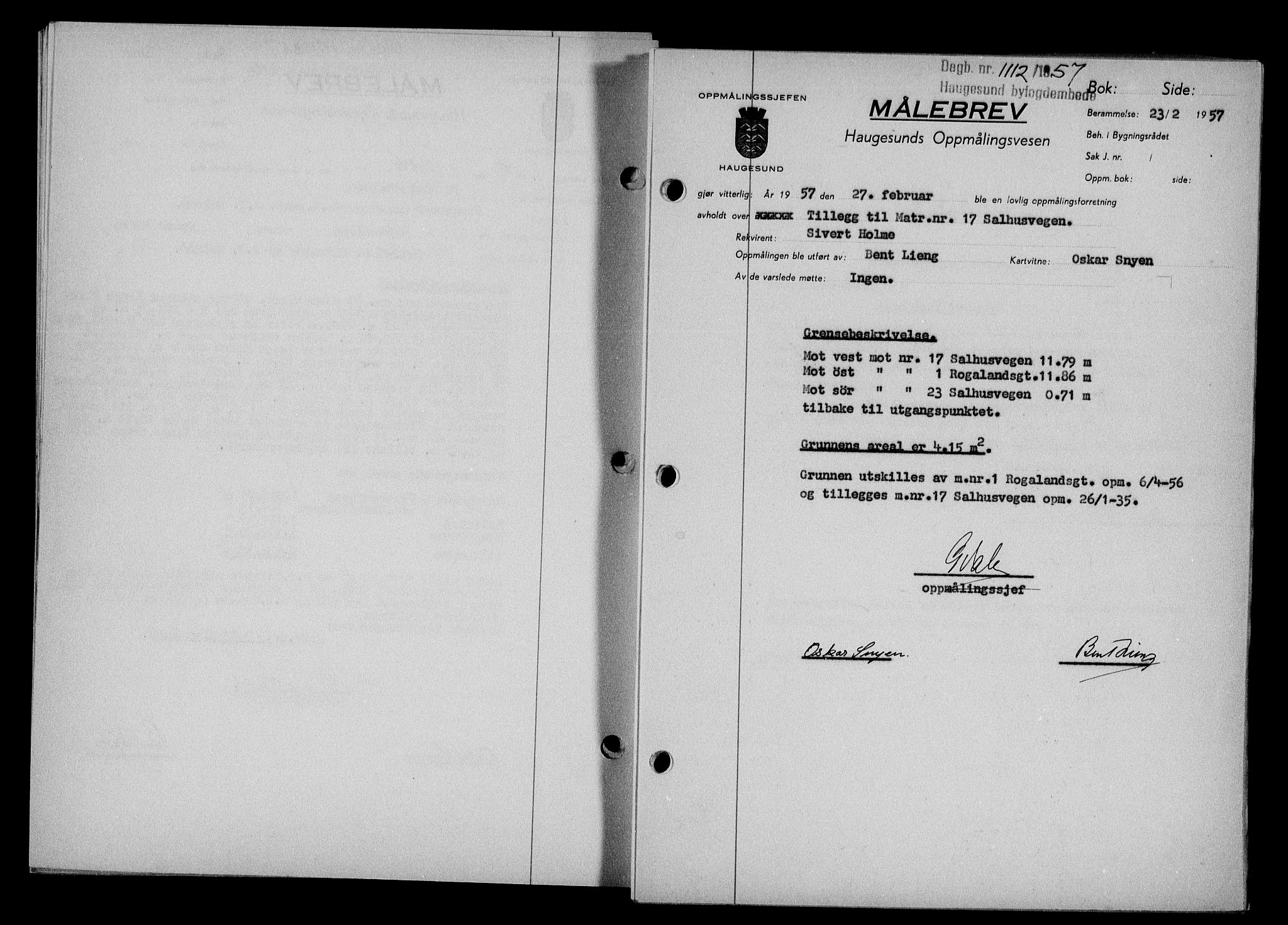 Haugesund tingrett, SAST/A-101415/01/II/IIC/L0068: Mortgage book no. A 9, 1956-1958, Diary no: : 1112/1957