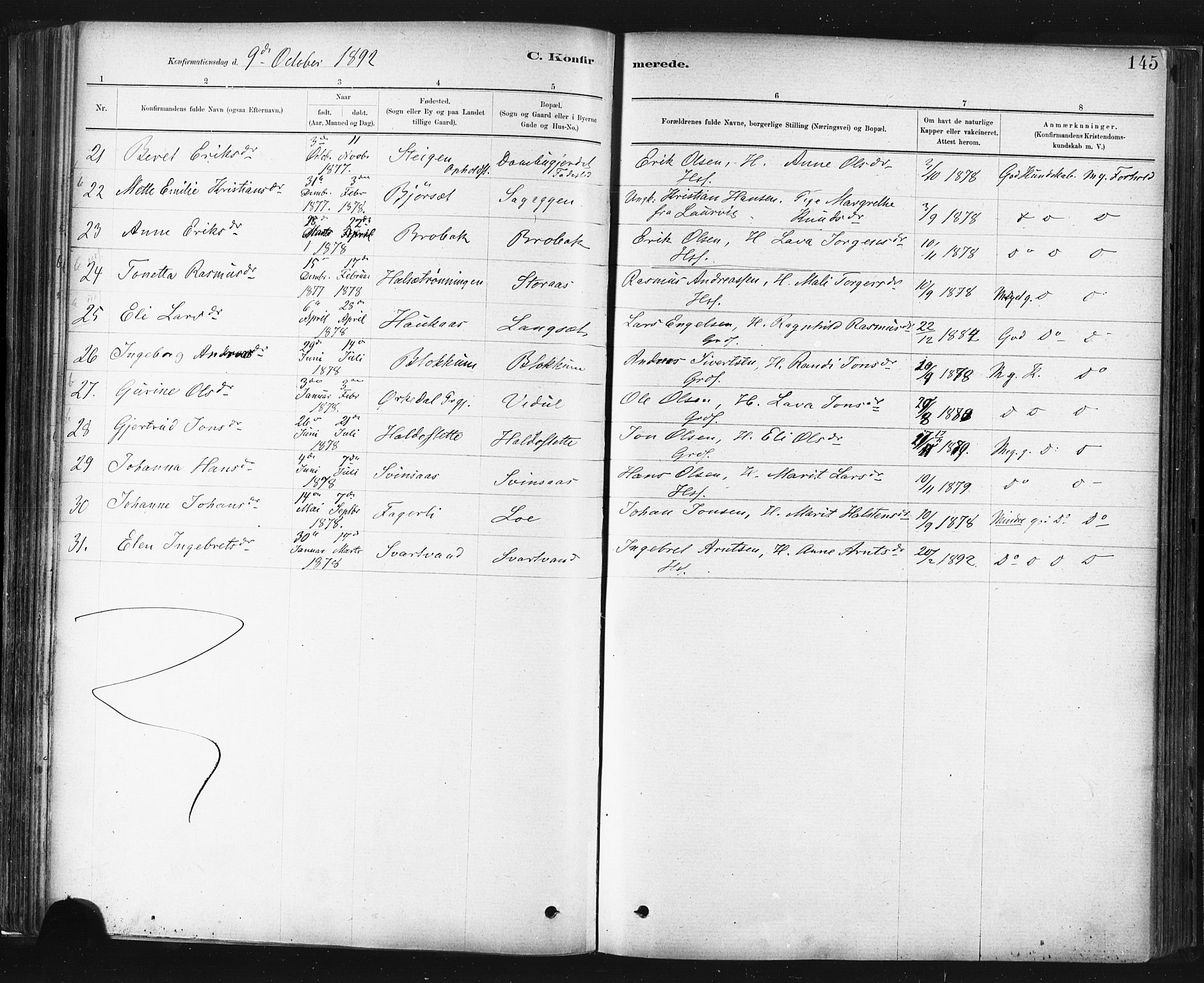 Ministerialprotokoller, klokkerbøker og fødselsregistre - Sør-Trøndelag, SAT/A-1456/672/L0857: Parish register (official) no. 672A09, 1882-1893, p. 145