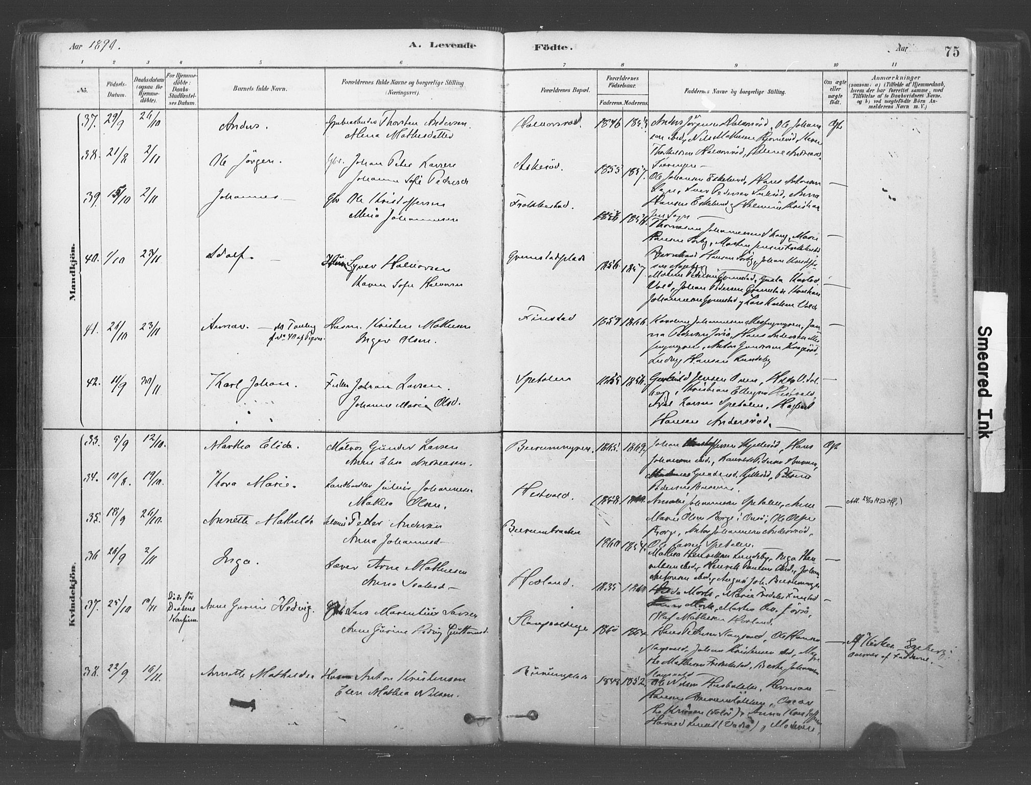 Råde prestekontor kirkebøker, AV/SAO-A-2009/F/Fa/L0007: Parish register (official) no. 7, 1878-1902, p. 75