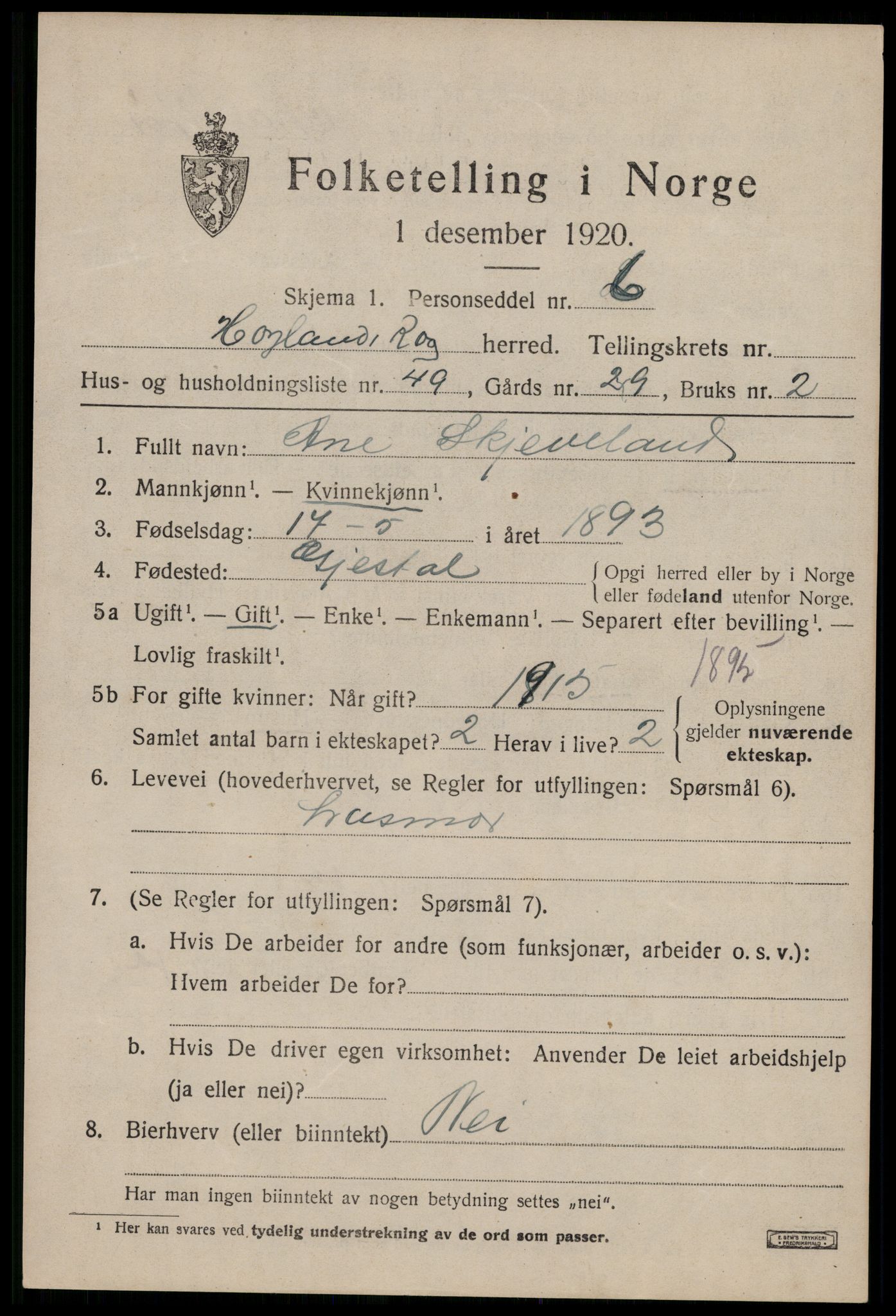 SAST, 1920 census for Høyland, 1920, p. 5262