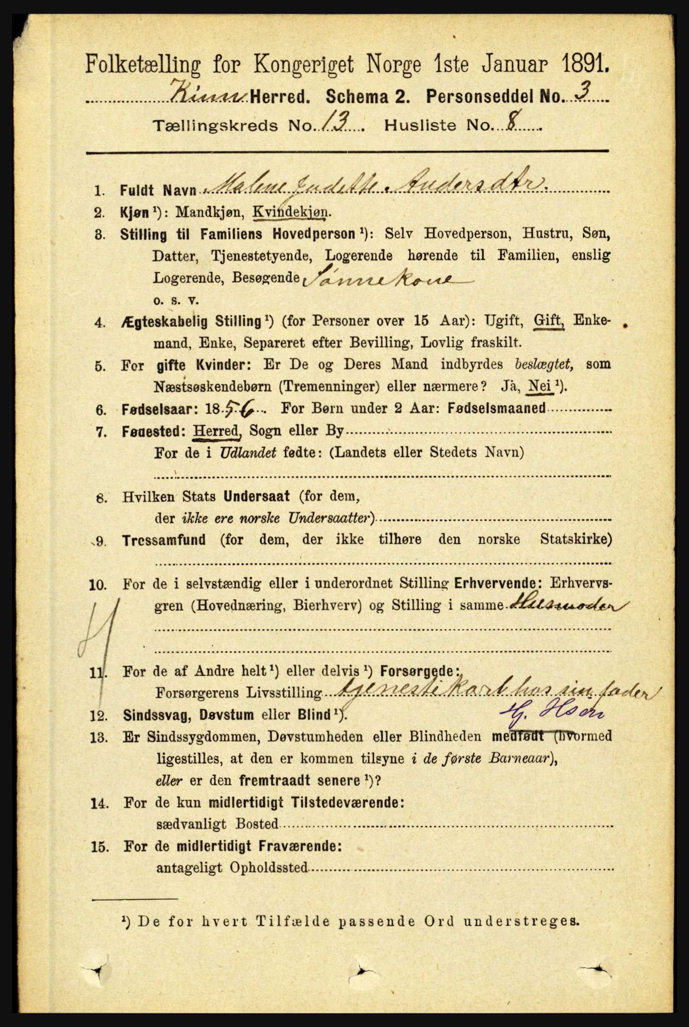 RA, 1891 census for 1437 Kinn, 1891, p. 5106