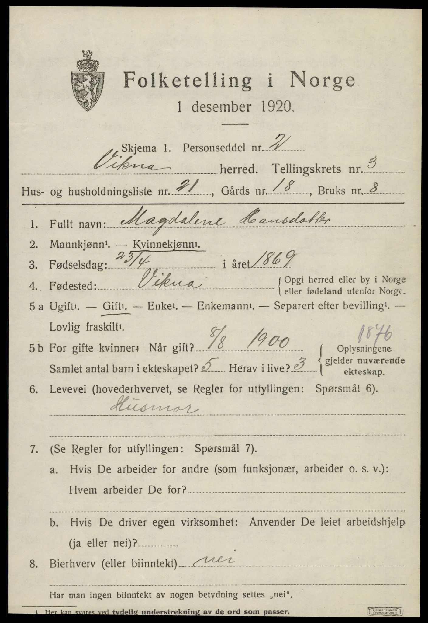 SAT, 1920 census for Vikna, 1920, p. 3575