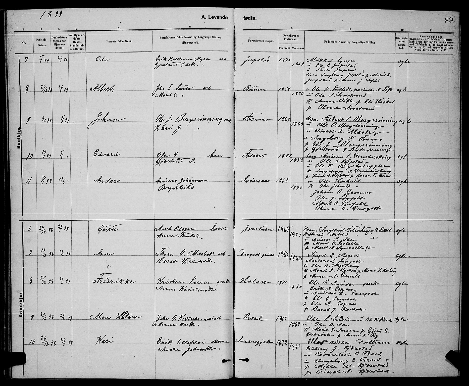 Ministerialprotokoller, klokkerbøker og fødselsregistre - Sør-Trøndelag, SAT/A-1456/672/L0863: Parish register (copy) no. 672C02, 1888-1901, p. 89