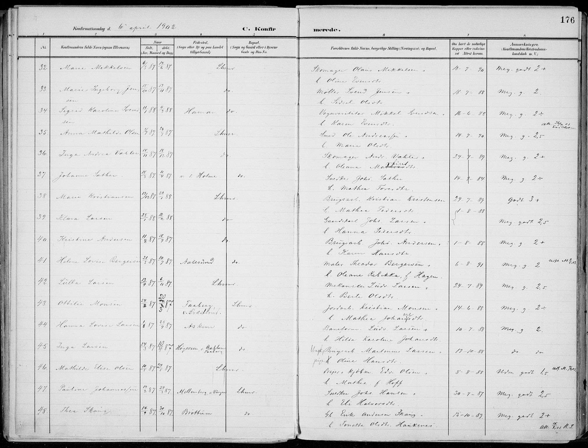 Lillehammer prestekontor, AV/SAH-PREST-088/H/Ha/Haa/L0001: Parish register (official) no. 1, 1901-1916, p. 176