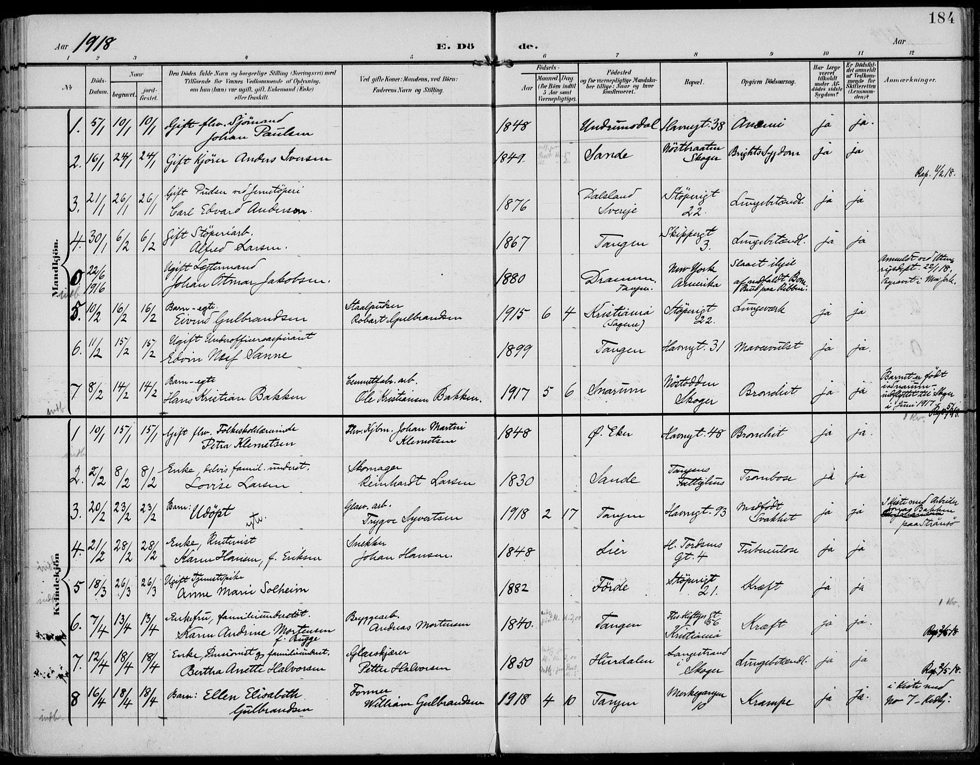 Strømsø kirkebøker, AV/SAKO-A-246/F/Fb/L0008: Parish register (official) no. II 8, 1902-1933, p. 184