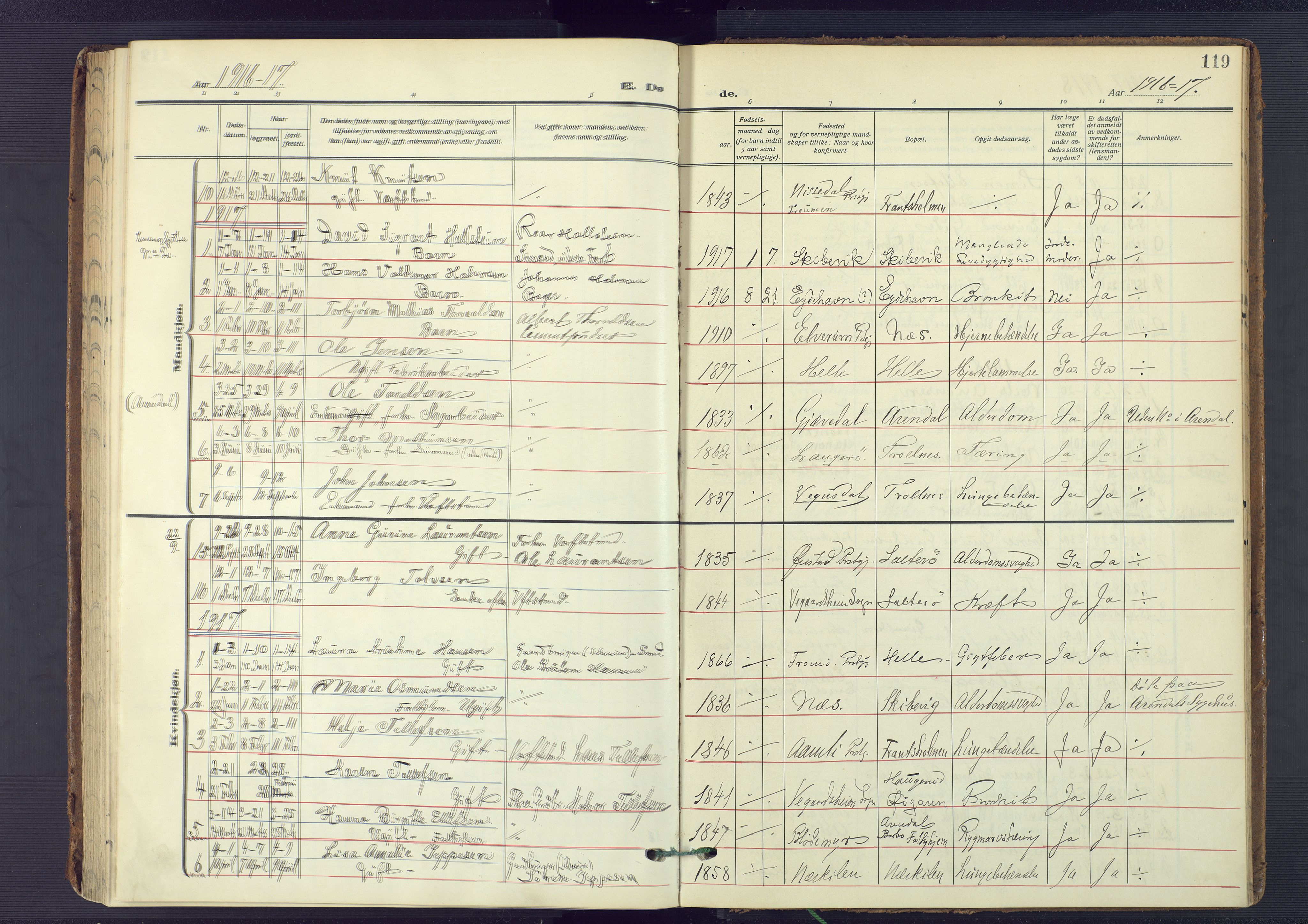 Austre Moland sokneprestkontor, SAK/1111-0001/F/Fa/Fab/L0003: Parish register (official) no. A 3, 1914-1927, p. 119