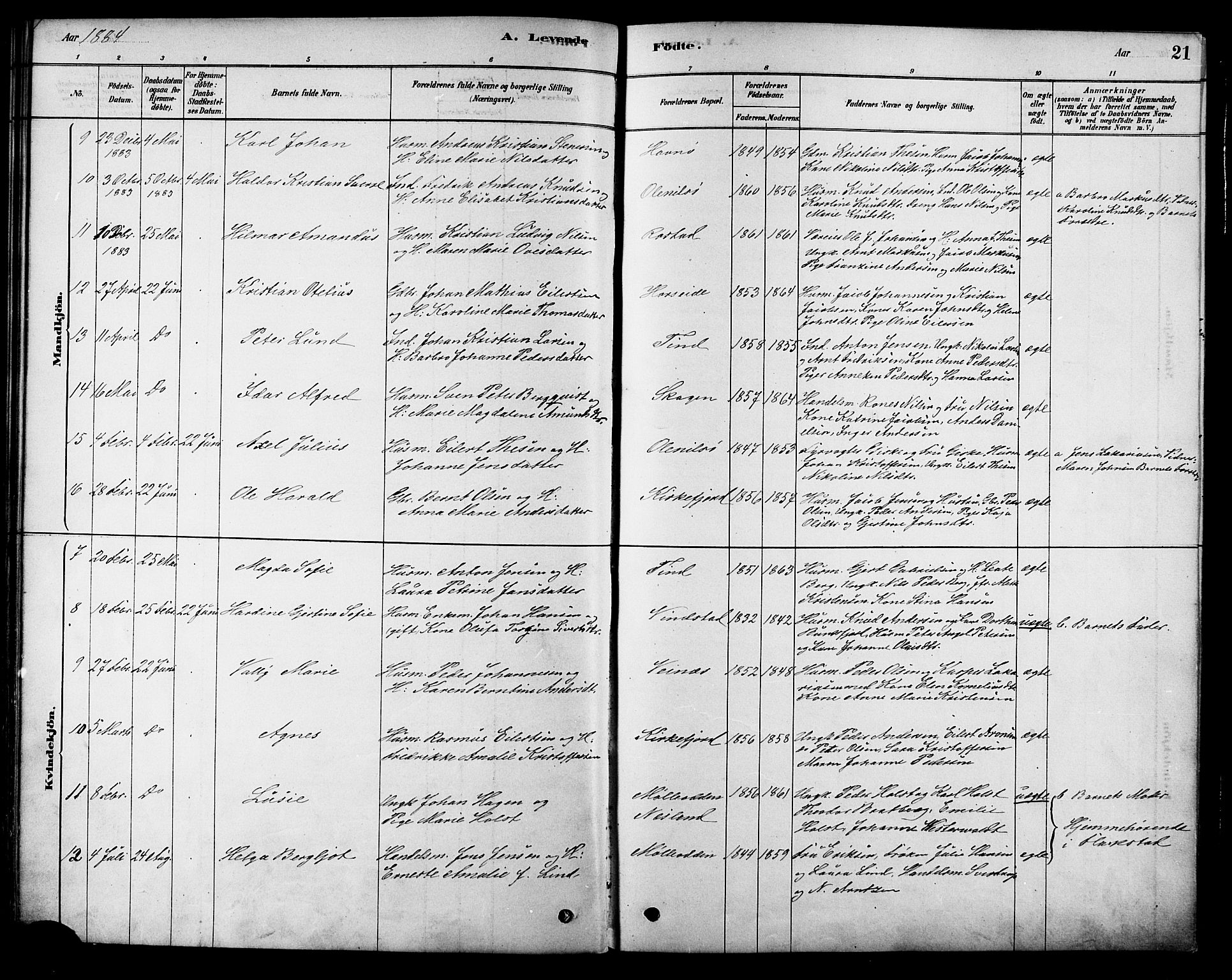 Ministerialprotokoller, klokkerbøker og fødselsregistre - Nordland, AV/SAT-A-1459/886/L1219: Parish register (official) no. 886A01, 1878-1892, p. 21