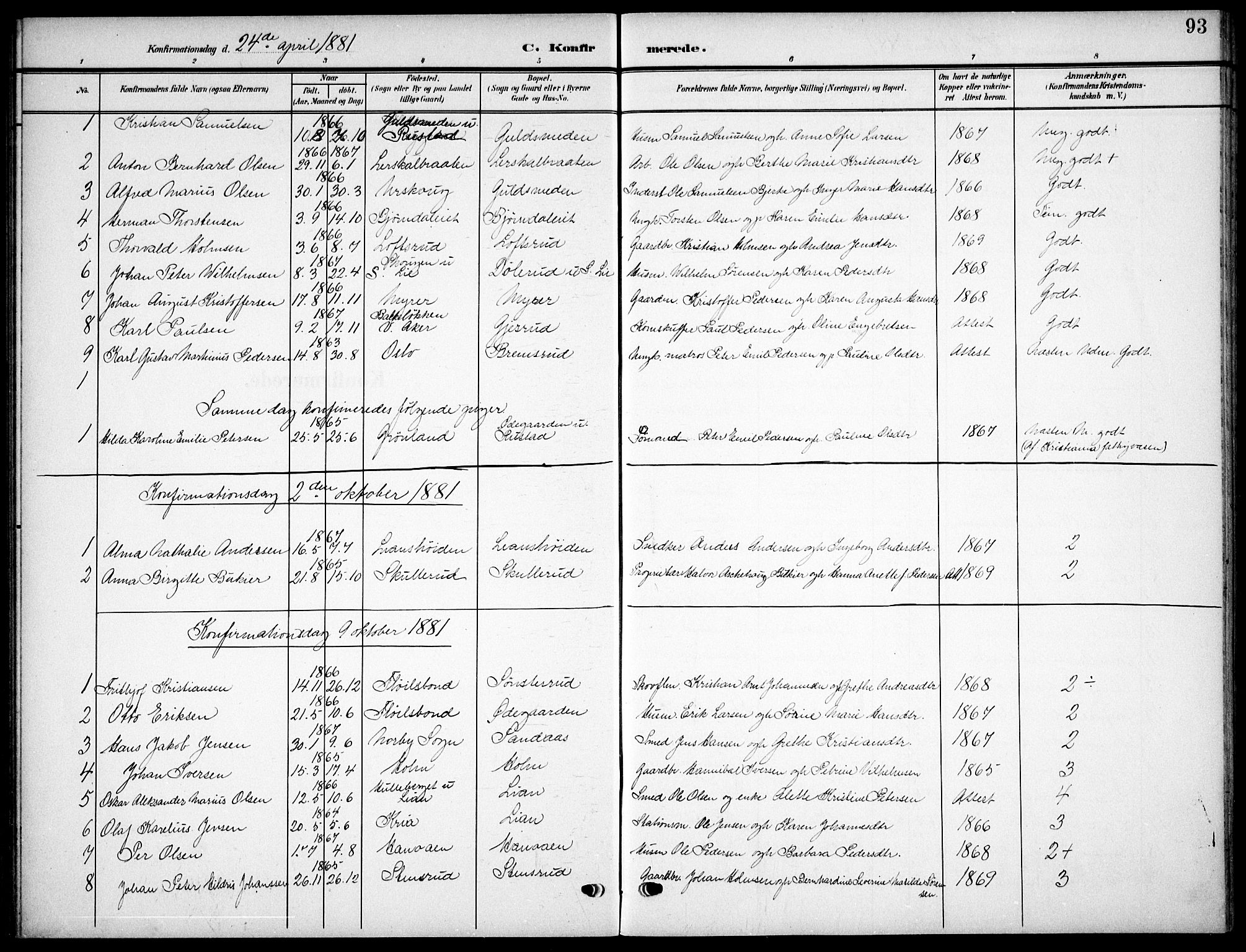 Nordstrand prestekontor Kirkebøker, SAO/A-10362a/F/Fa/L0000: Parish register (official) no. I 0, 1881-1900, p. 93