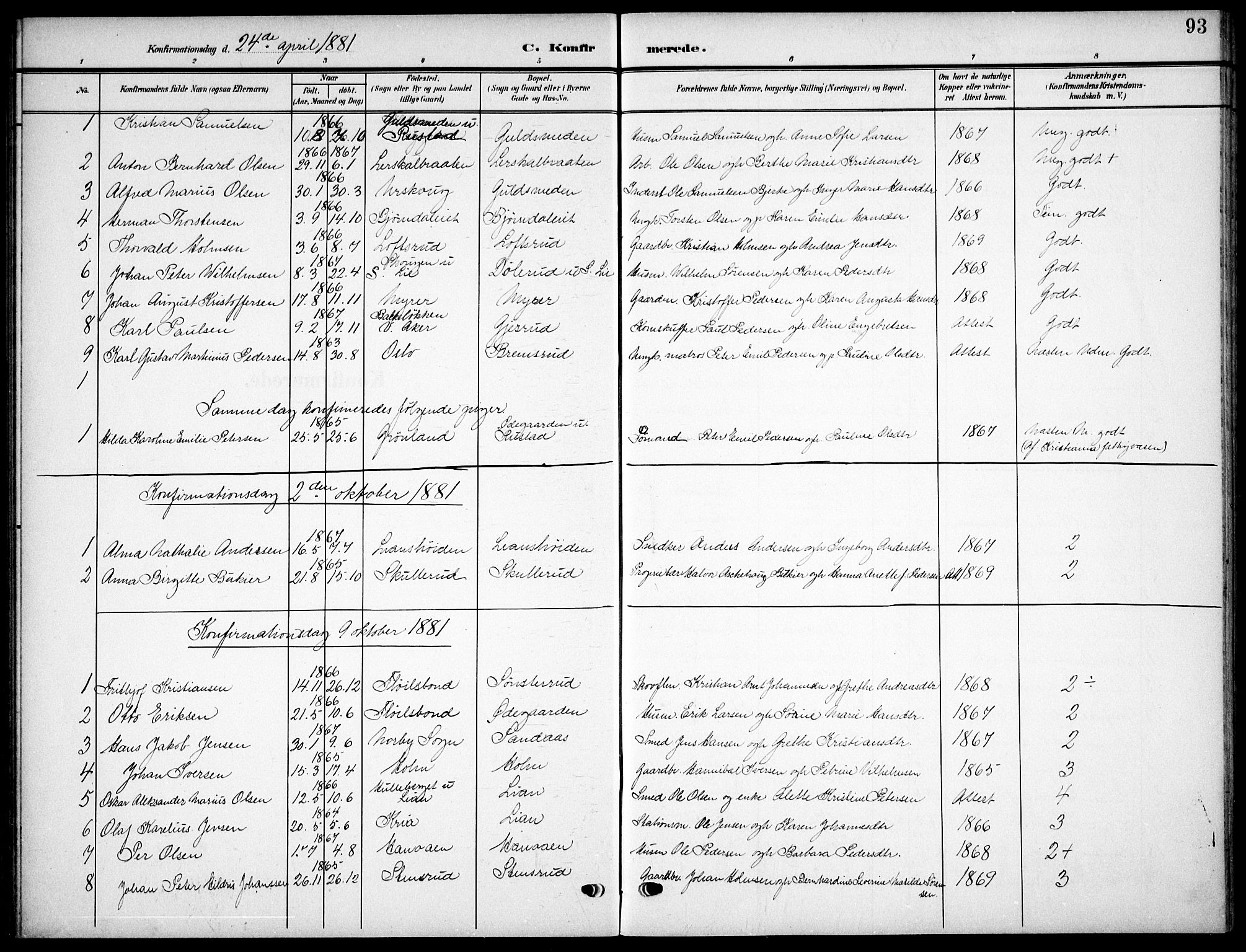 Nordstrand prestekontor Kirkebøker, AV/SAO-A-10362a/F/Fa/L0000: Parish register (official) no.  0, 1881-1900, p. 93