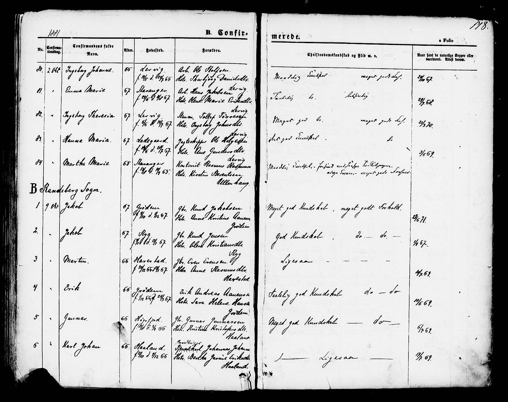 Hetland sokneprestkontor, AV/SAST-A-101826/30/30BA/L0004: Parish register (official) no. A 4, 1862-1881, p. 178