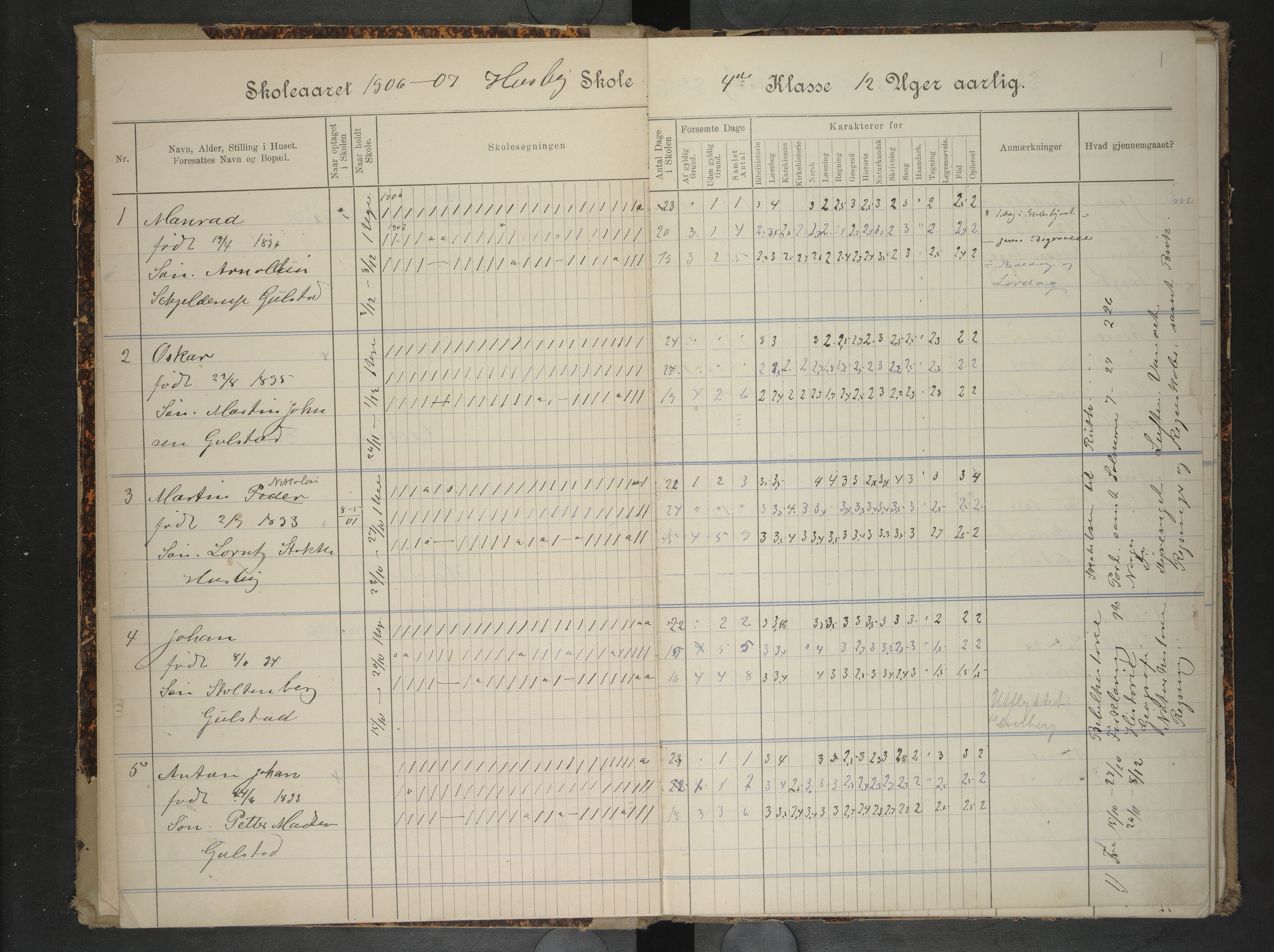 Hadsel kommune. Husby og Gulstad skole, AIN/K-18660.510.33/F/L0001: Skoleprotokoll for Husby og Gulstad skoler, 1906-1911