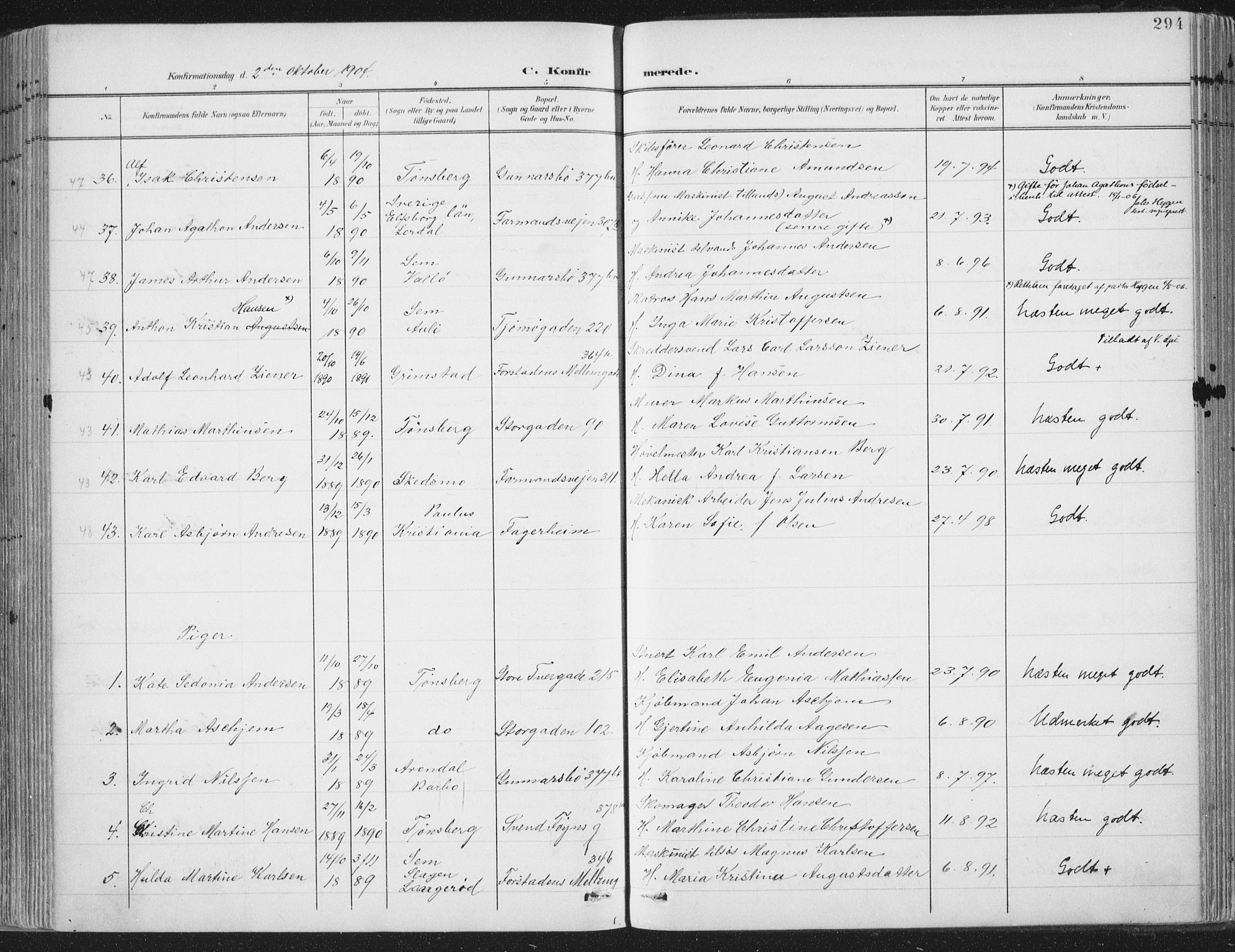 Tønsberg kirkebøker, SAKO/A-330/F/Fa/L0014: Parish register (official) no. I 14, 1900-1913, p. 294