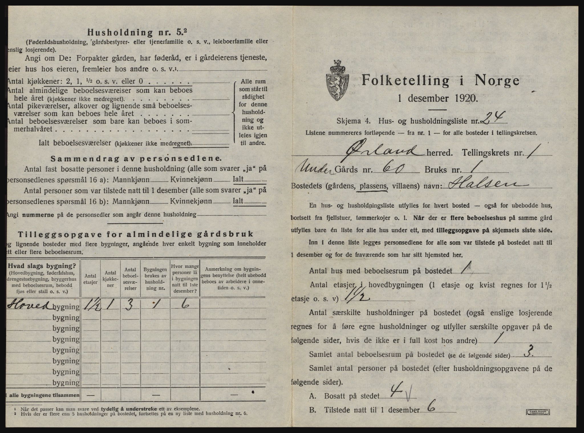 SAT, 1920 census for Ørland, 1920, p. 87
