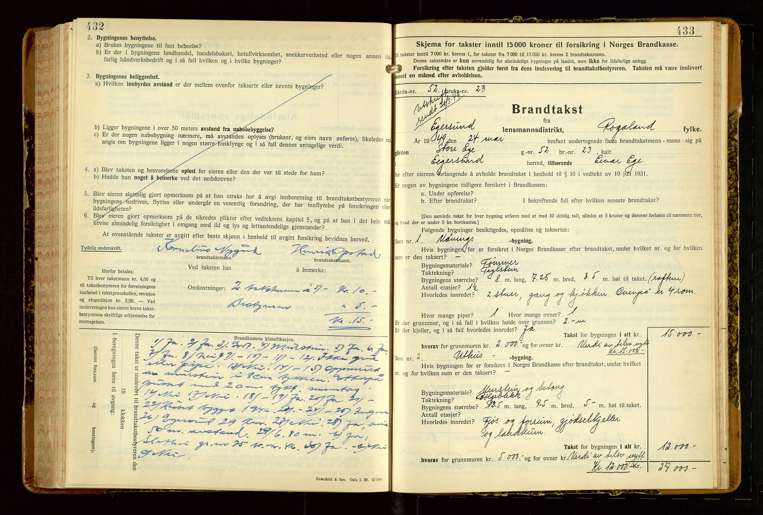 Eigersund lensmannskontor, SAST/A-100171/Gob/L0007: "Brandtakstprotokoll", 1938-1955, p. 432-433