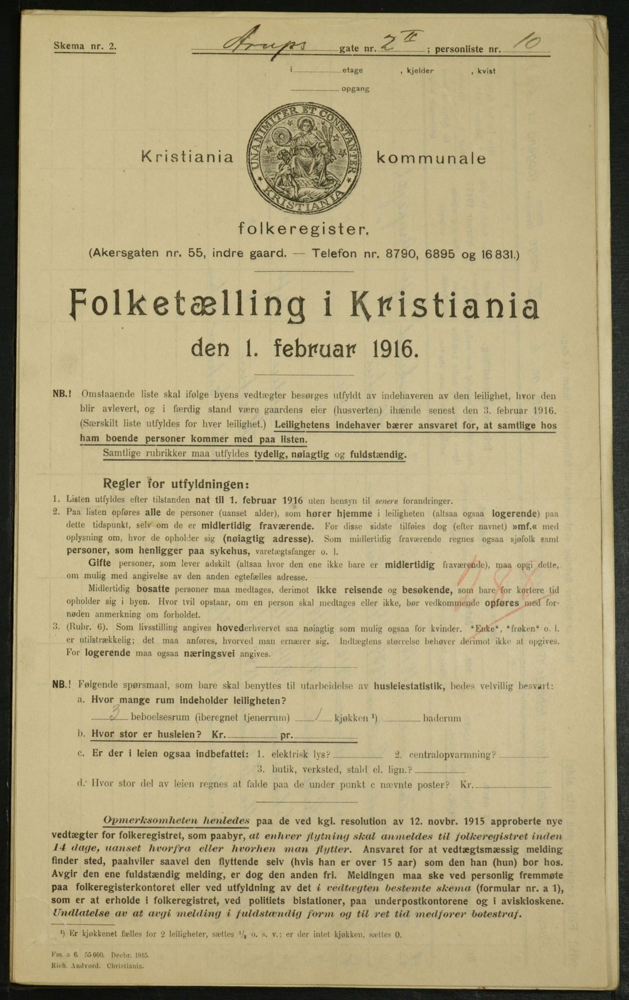 OBA, Municipal Census 1916 for Kristiania, 1916, p. 2250