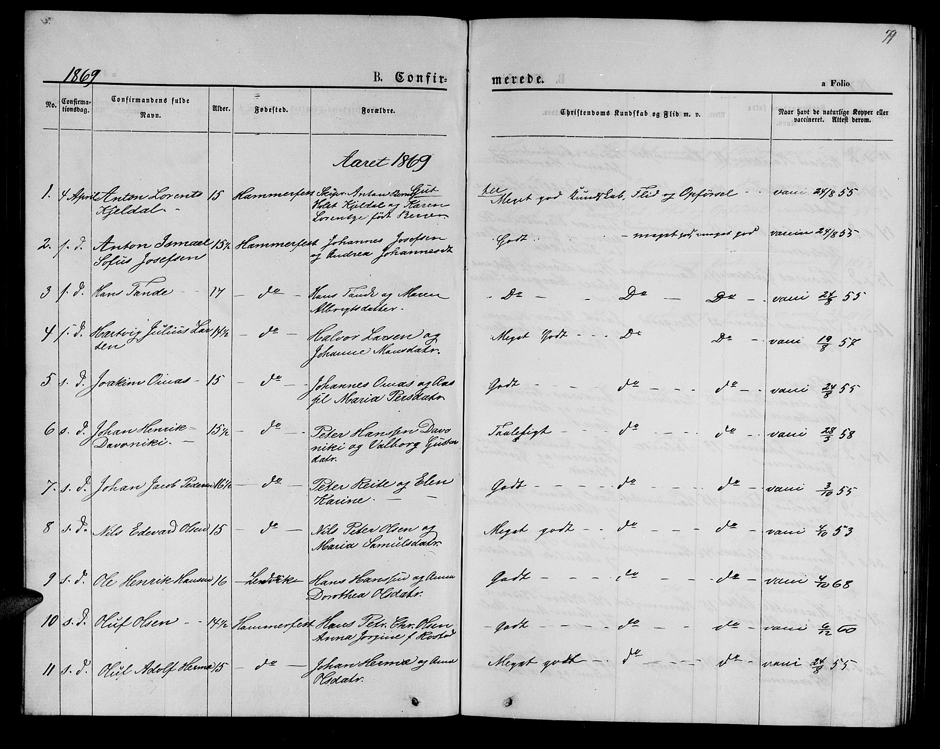 Hammerfest sokneprestkontor, AV/SATØ-S-1347/H/Hb/L0004.klokk: Parish register (copy) no. 4, 1869-1877, p. 71