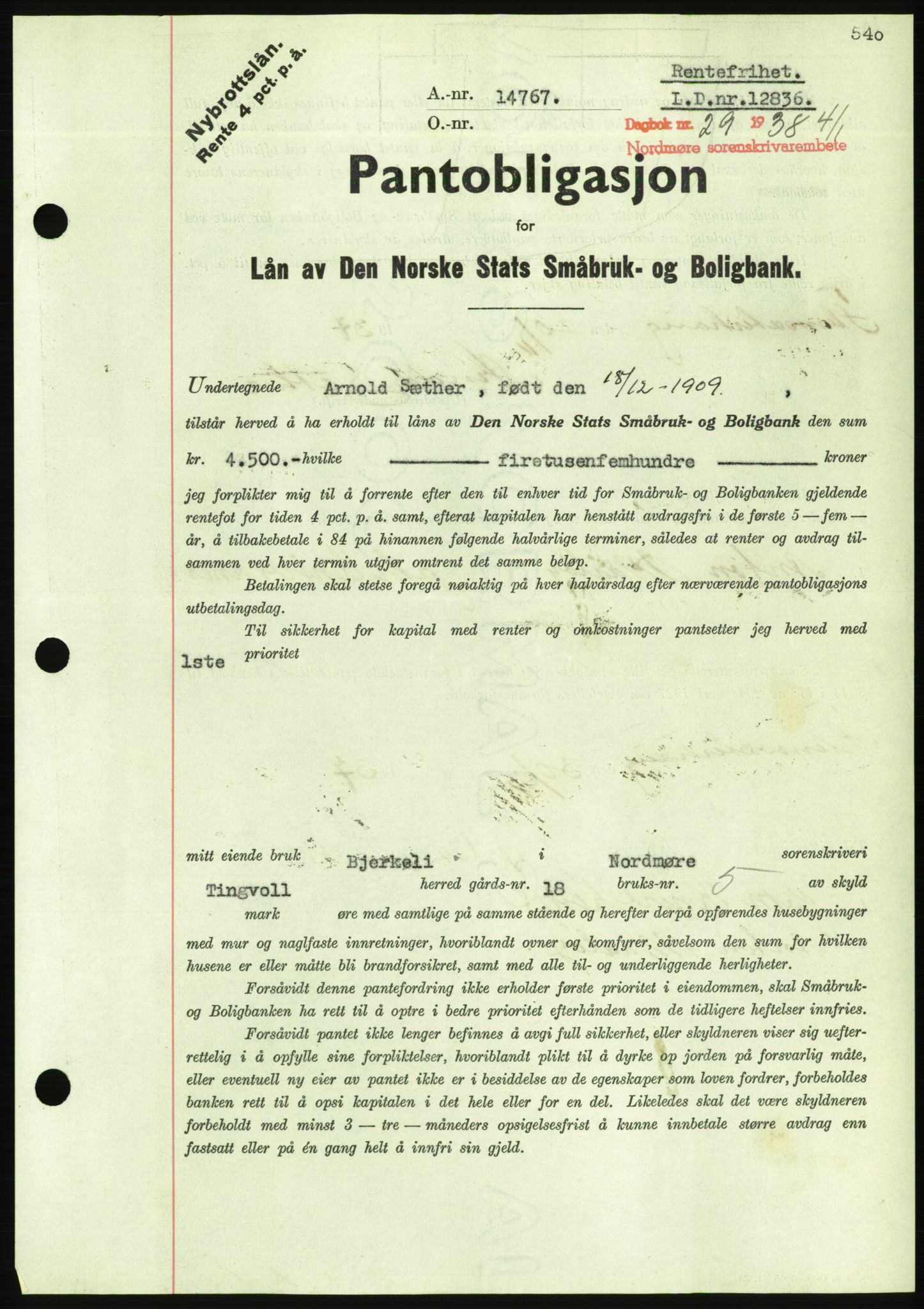 Nordmøre sorenskriveri, AV/SAT-A-4132/1/2/2Ca/L0092: Mortgage book no. B82, 1937-1938, Diary no: : 29/1938