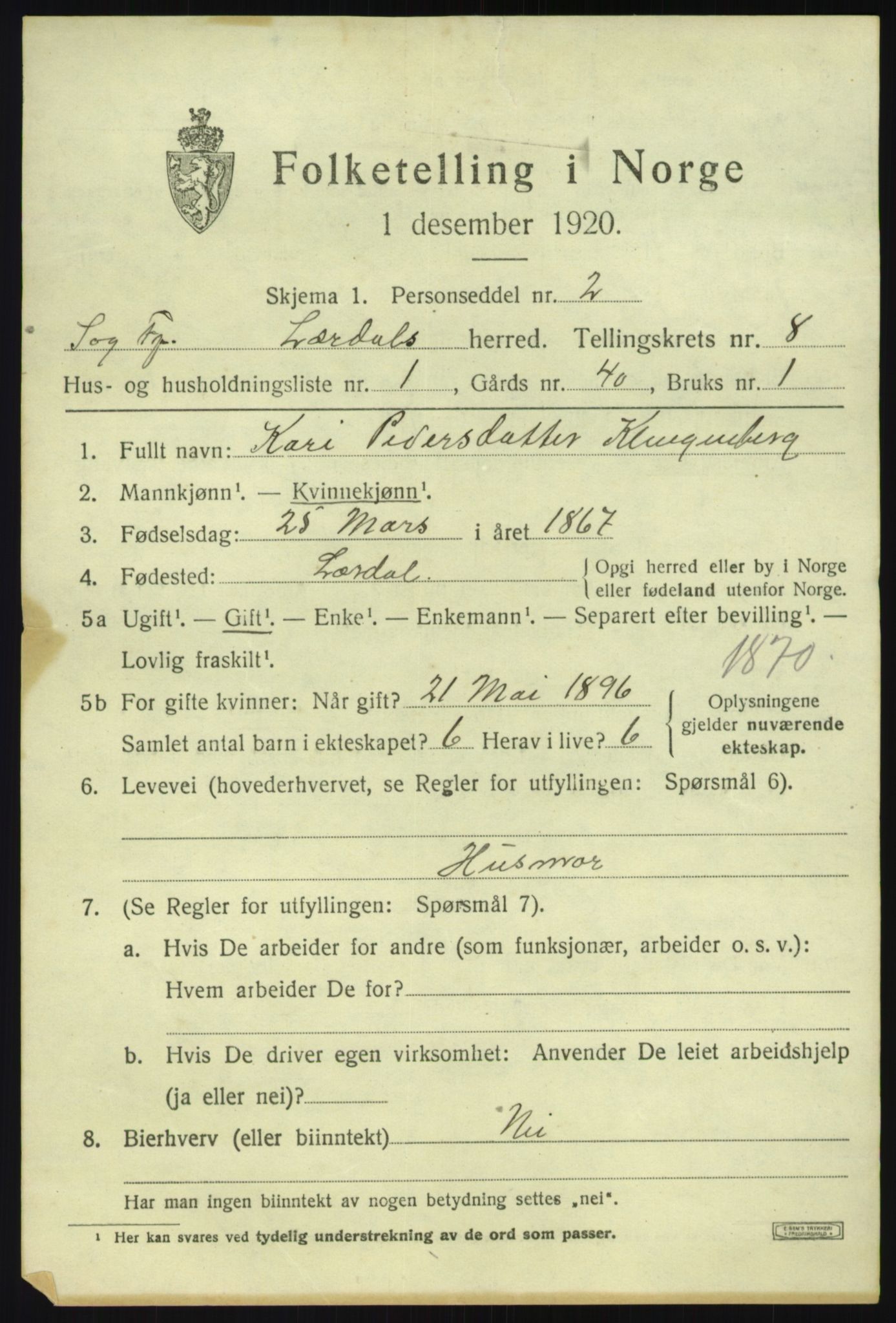 SAB, 1920 census for Lærdal, 1920, p. 3950