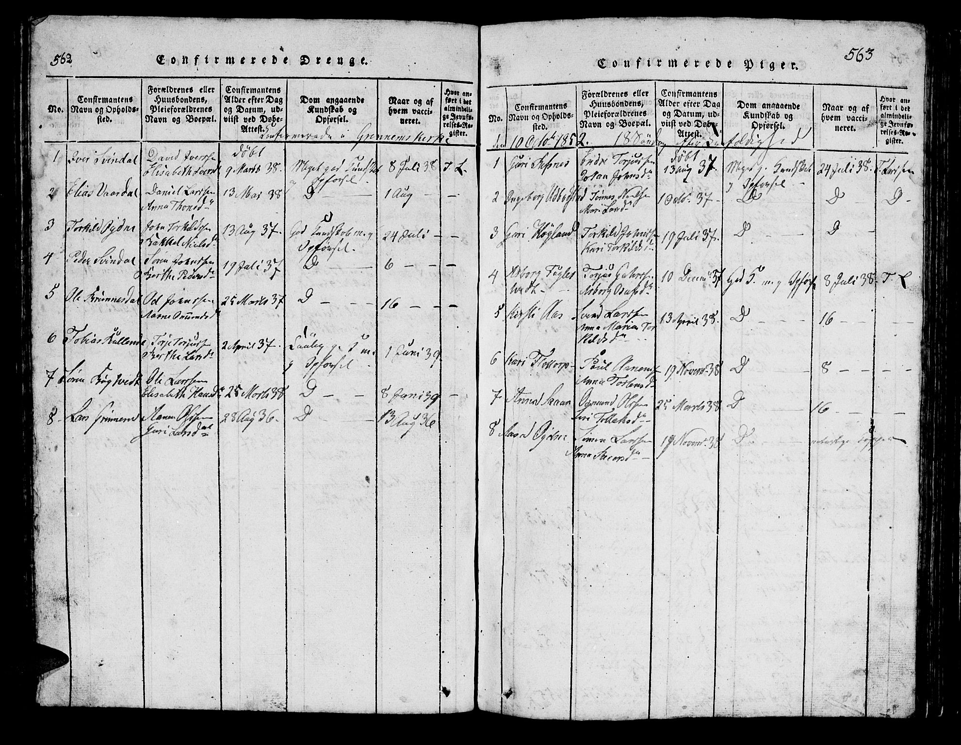 Bjelland sokneprestkontor, SAK/1111-0005/F/Fb/Fbc/L0001: Parish register (copy) no. B 1, 1815-1870, p. 562-563