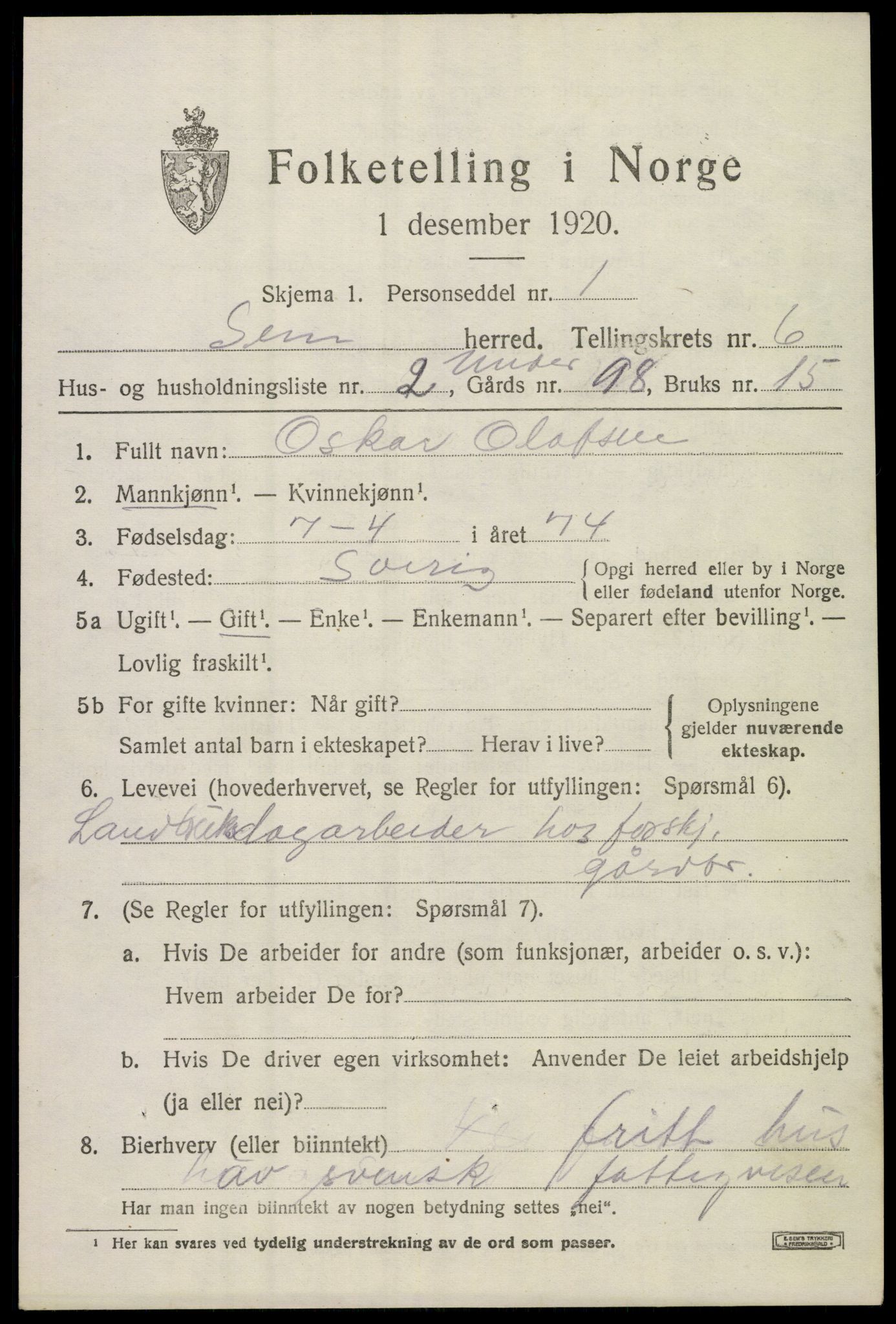 SAKO, 1920 census for Sem, 1920, p. 9595