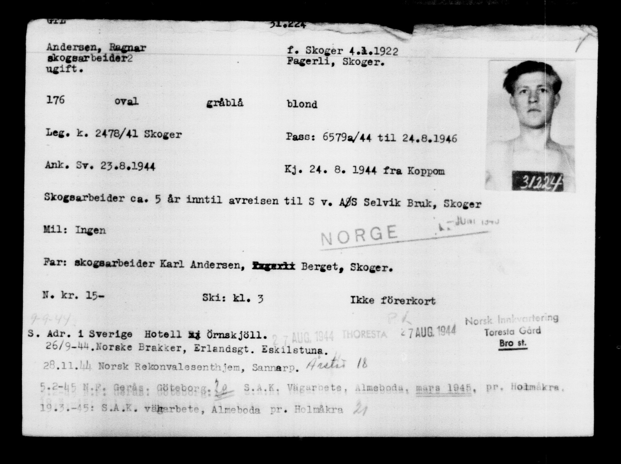 Utenriksstasjonene, Legasjonen i Stockholm, Flyktningkontoret, AV/RA-S-6753/V/Va/L0012: Kjesäterkartoteket, flyktninger med registreringsnr. 28300-31566, 1940-1945, p. 3168