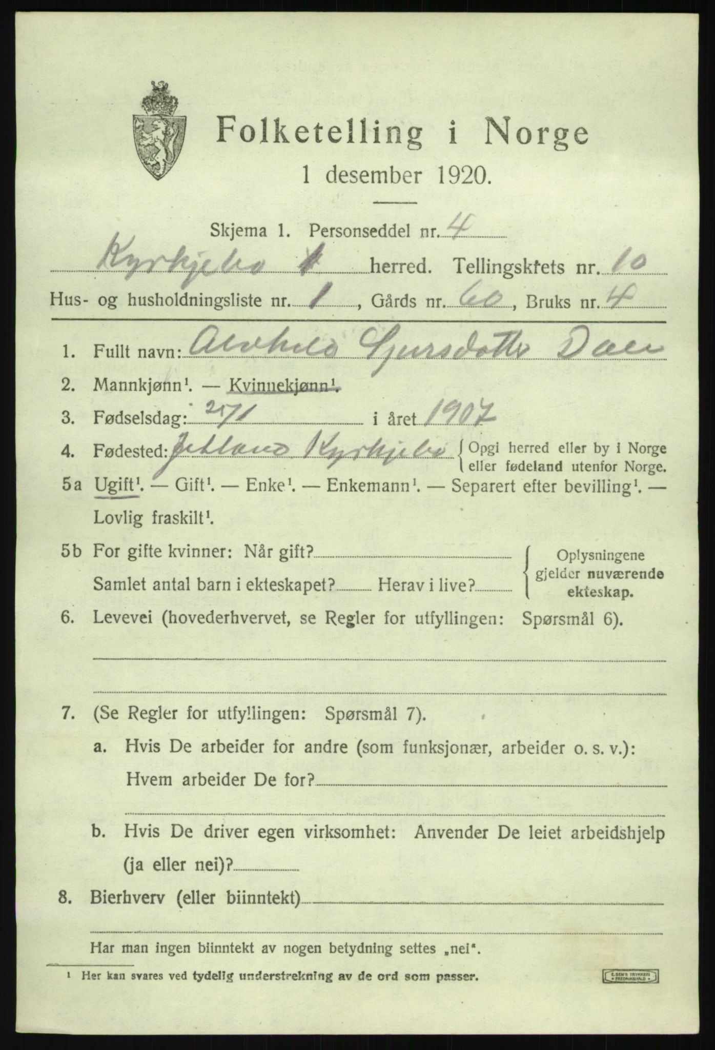 SAB, 1920 census for Kyrkjebø, 1920, p. 5453