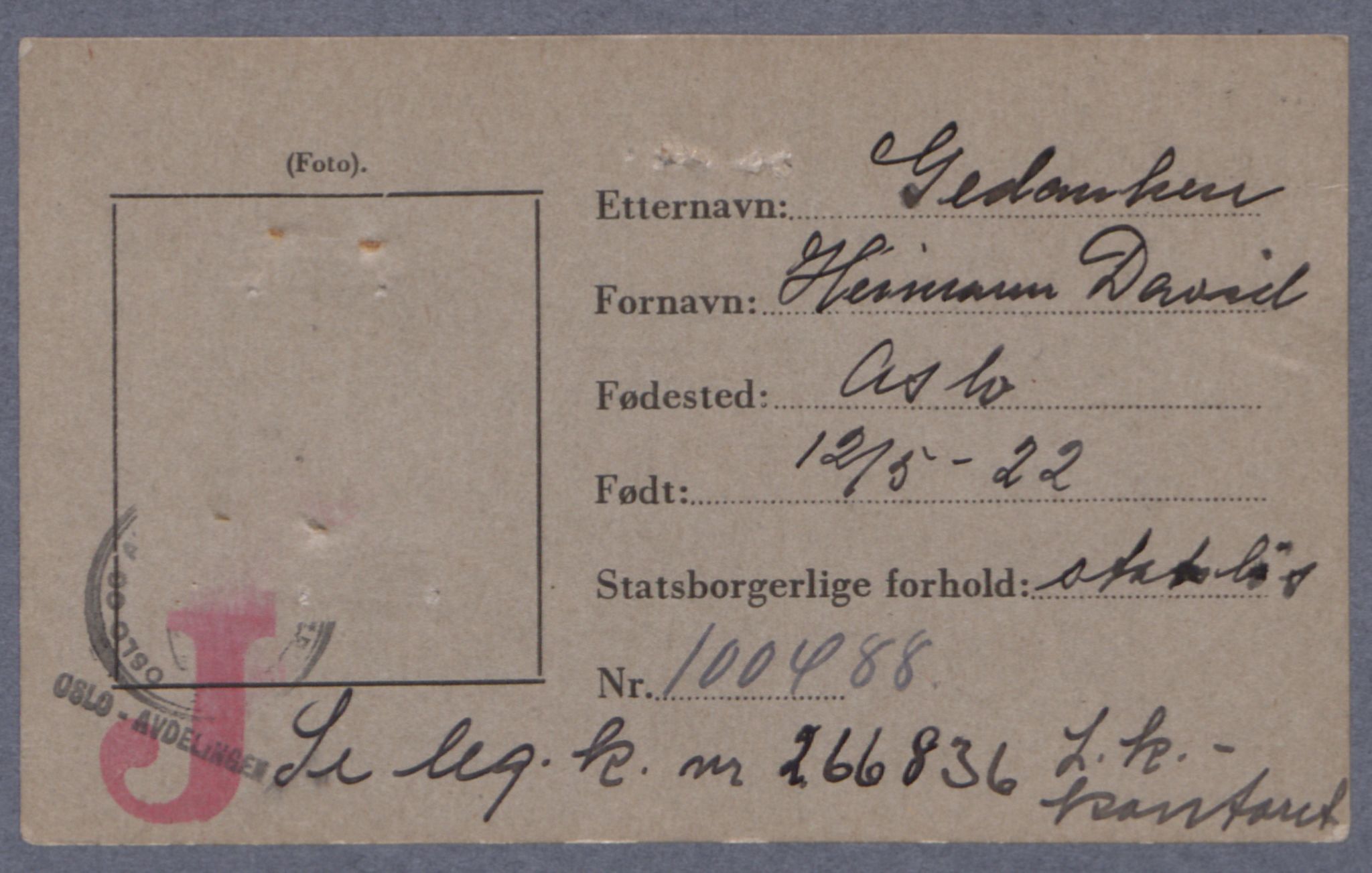 Sosialdepartementet, Våre Falne, RA/S-1708/E/Ee/L0021A: Fotografier av jøder på legitimasjonskort (1941-42), 1941-1942, p. 141