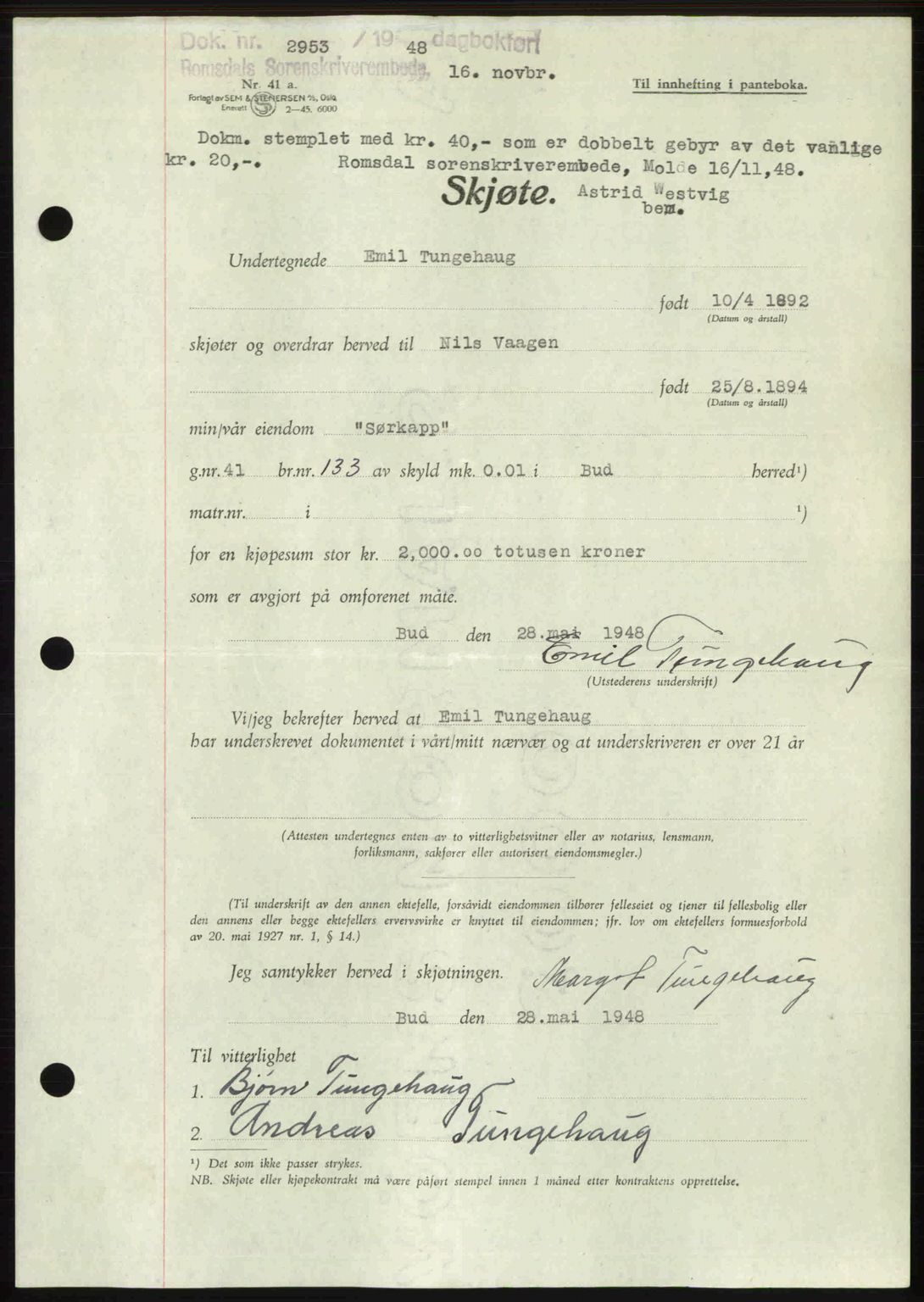 Romsdal sorenskriveri, AV/SAT-A-4149/1/2/2C: Mortgage book no. A27, 1948-1948, Diary no: : 2953/1948