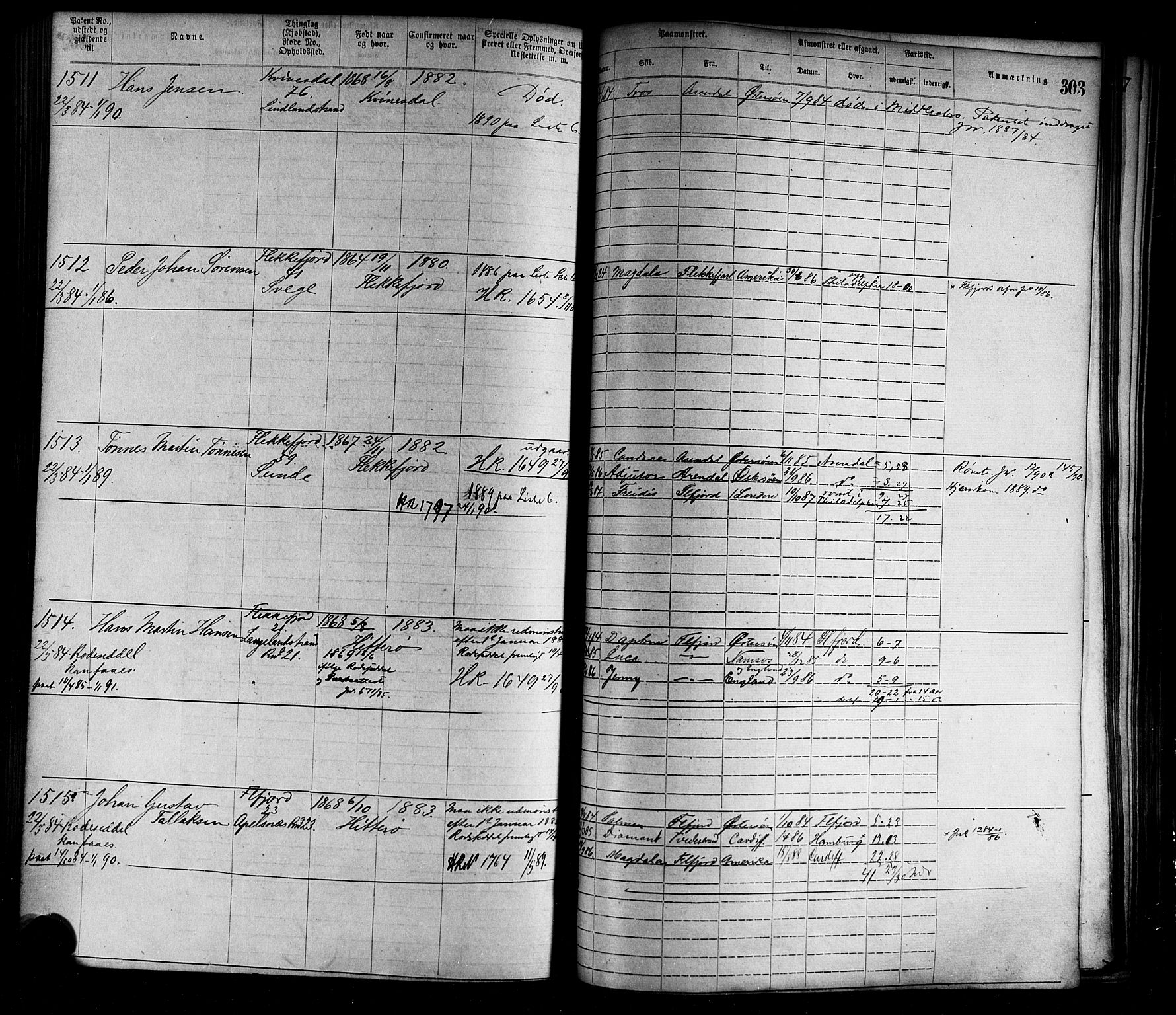 Flekkefjord mønstringskrets, SAK/2031-0018/F/Fa/L0002: Annotasjonsrulle nr 1-1920 med register, N-2, 1870-1891, p. 332