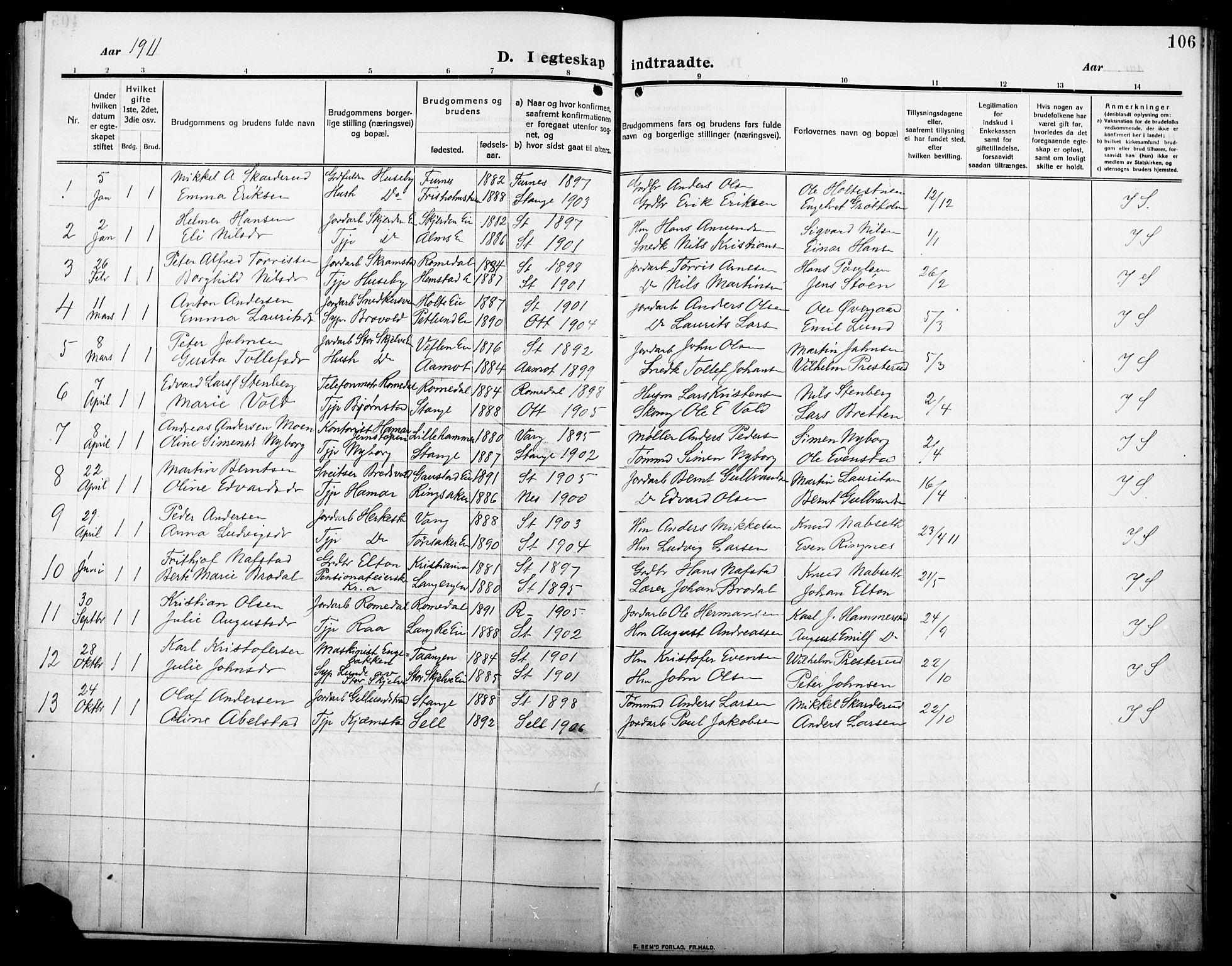 Stange prestekontor, SAH/PREST-002/L/L0014: Parish register (copy) no. 14, 1909-1917, p. 106