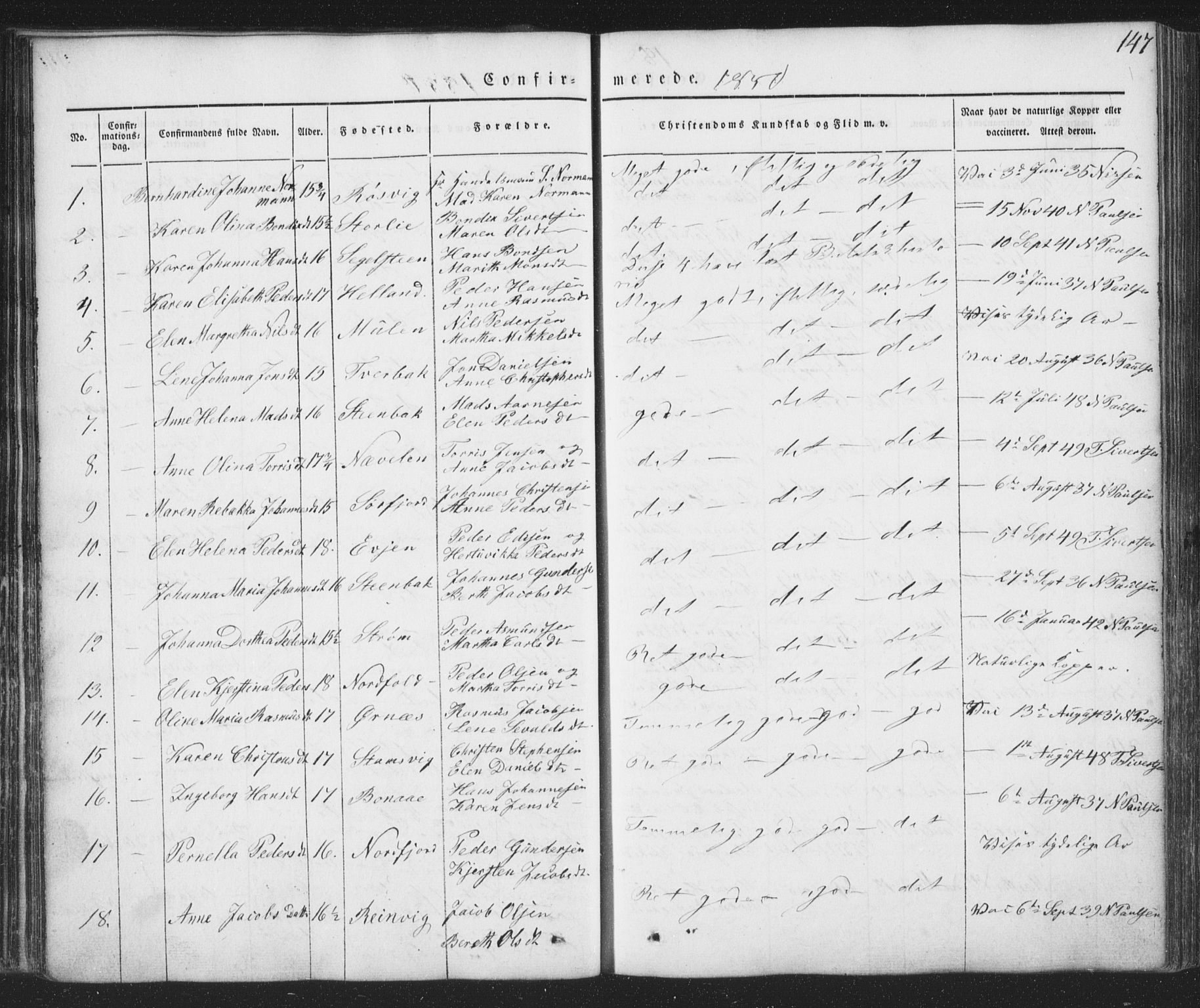 Ministerialprotokoller, klokkerbøker og fødselsregistre - Nordland, AV/SAT-A-1459/853/L0769: Parish register (official) no. 853A08, 1836-1856, p. 147