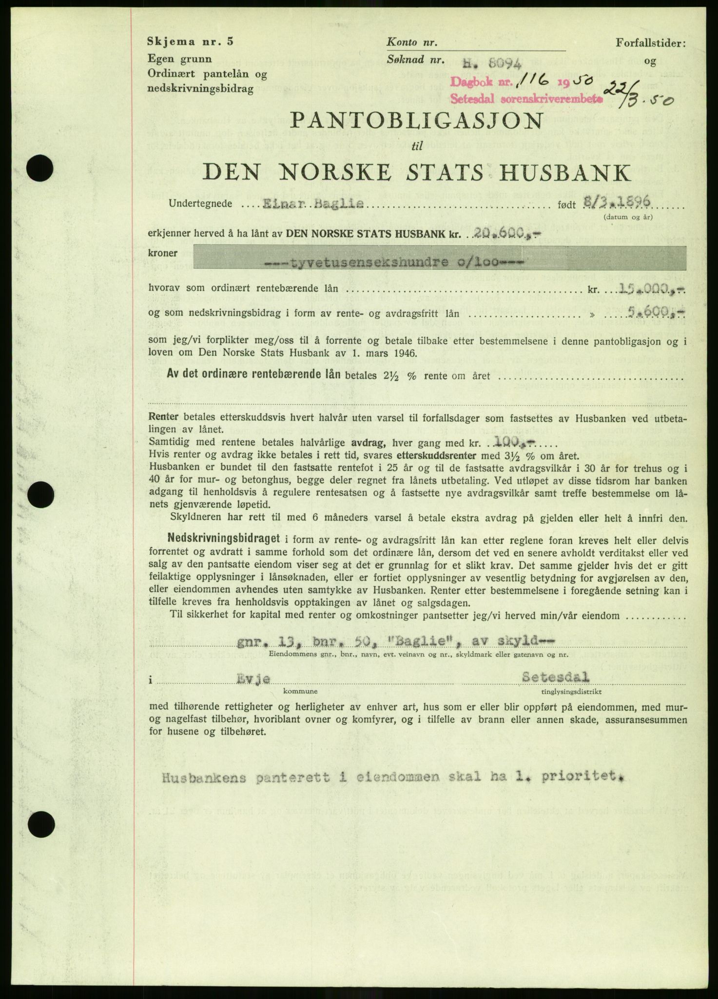 Setesdal sorenskriveri, SAK/1221-0011/G/Gb/L0050: Mortgage book no. B 38, 1949-1952, Diary no: : 116/1950