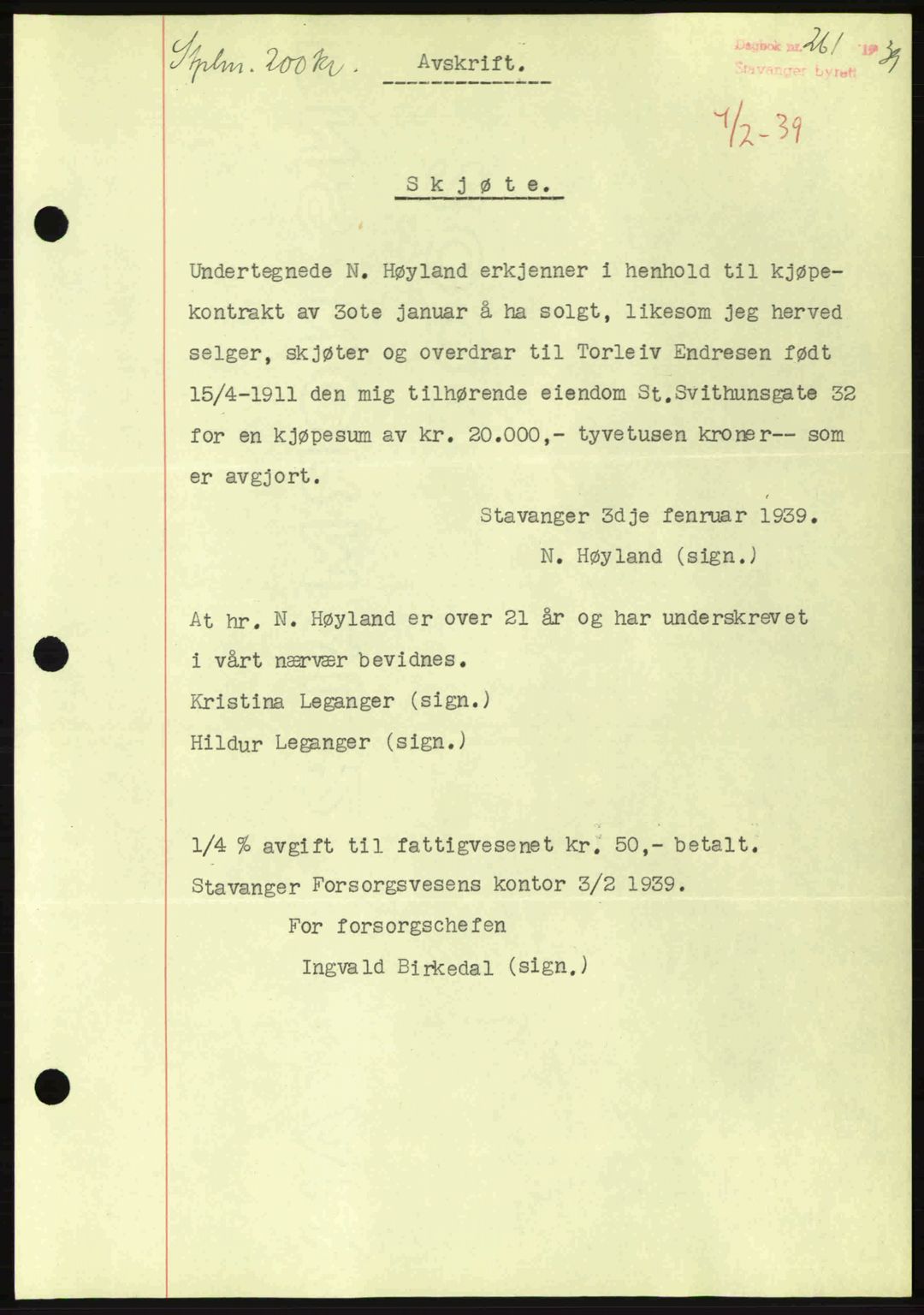 Stavanger byrett, SAST/A-100455/002/G/Gb/L0014: Mortgage book no. A4, 1938-1939, Diary no: : 261/1939