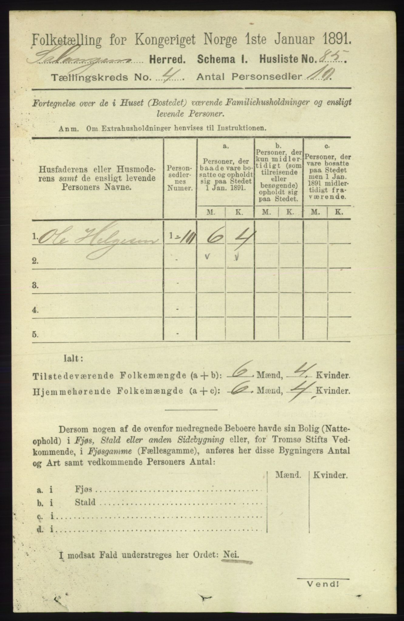 RA, 1891 census for 1921 Salangen, 1891, p. 1822