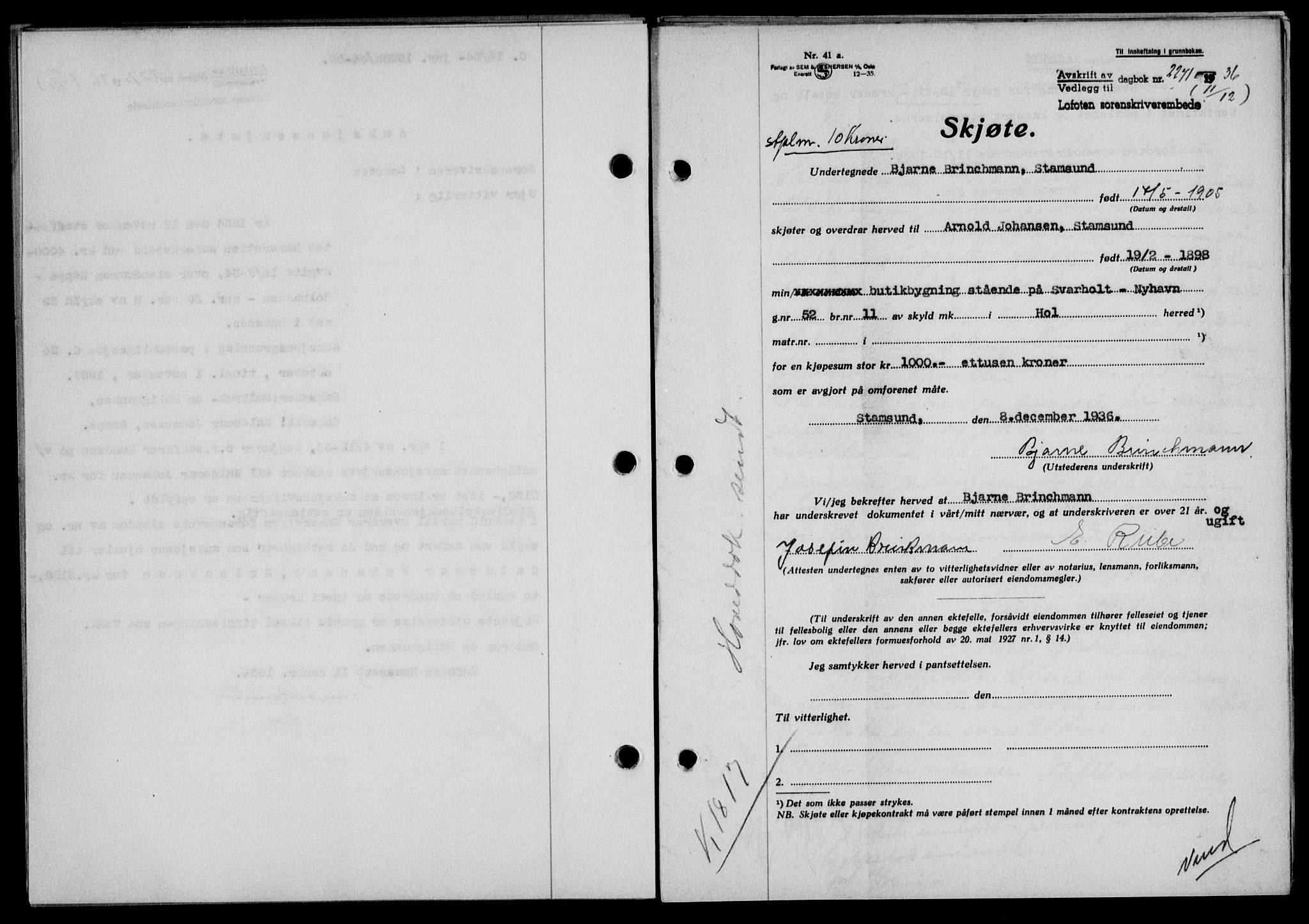 Lofoten sorenskriveri, SAT/A-0017/1/2/2C/L0001a: Mortgage book no. 1a, 1936-1937, Diary no: : 2271/1936