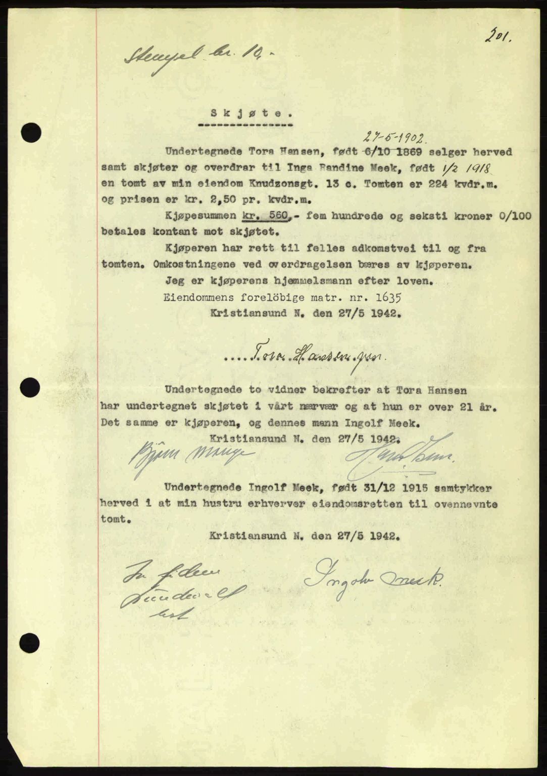 Kristiansund byfogd, AV/SAT-A-4587/A/27: Mortgage book no. 34, 1941-1945, Diary no: : 866/1942