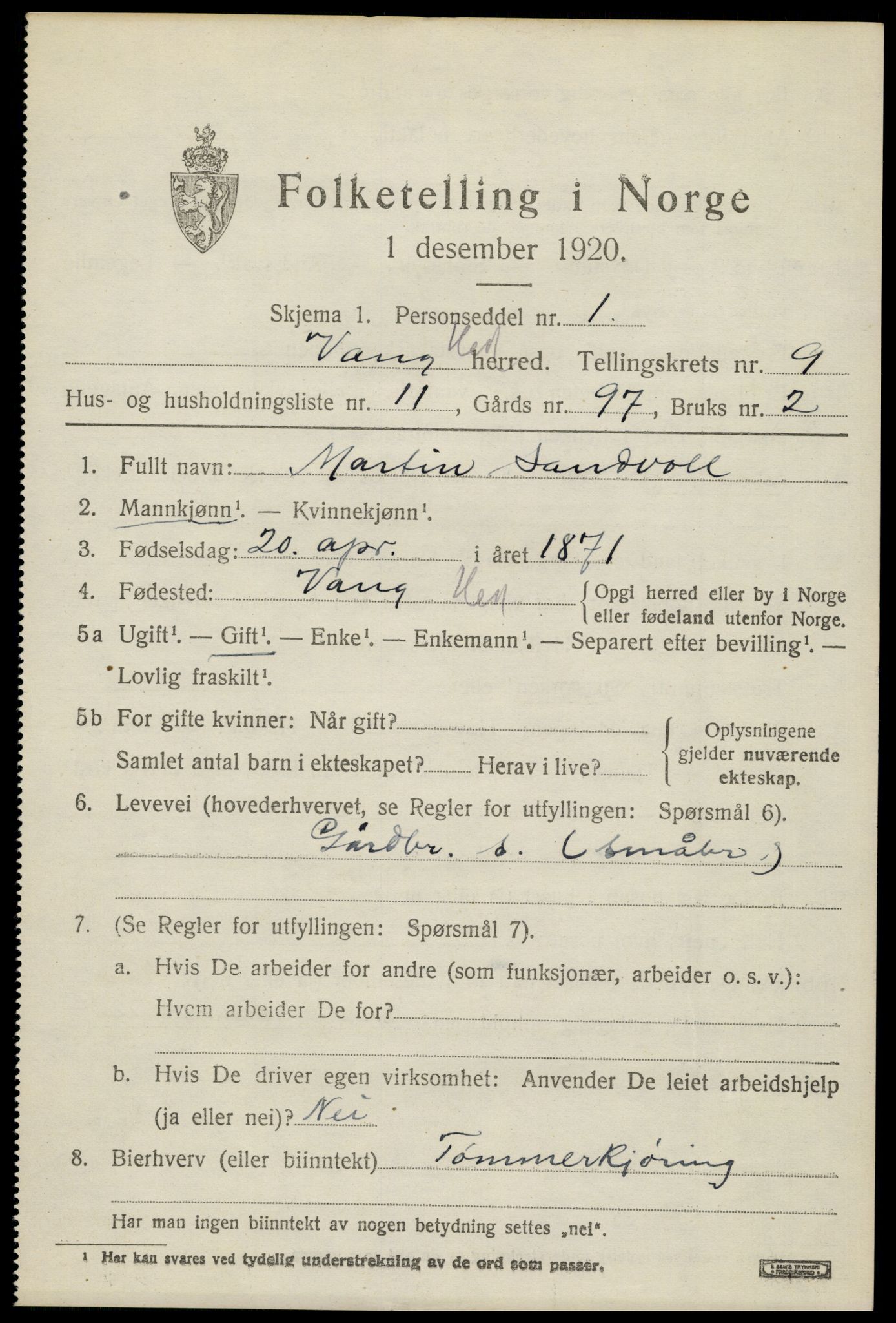 SAH, 1920 census for Vang (Hedmark), 1920, p. 18223