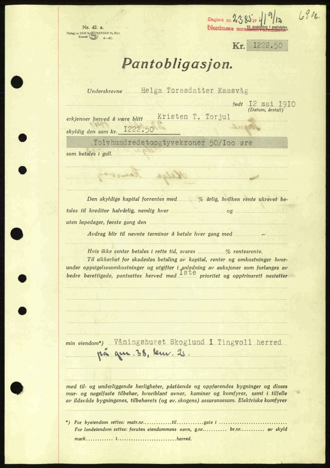 Nordmøre sorenskriveri, AV/SAT-A-4132/1/2/2Ca: Mortgage book no. B88, 1941-1942, Diary no: : 2385/1941