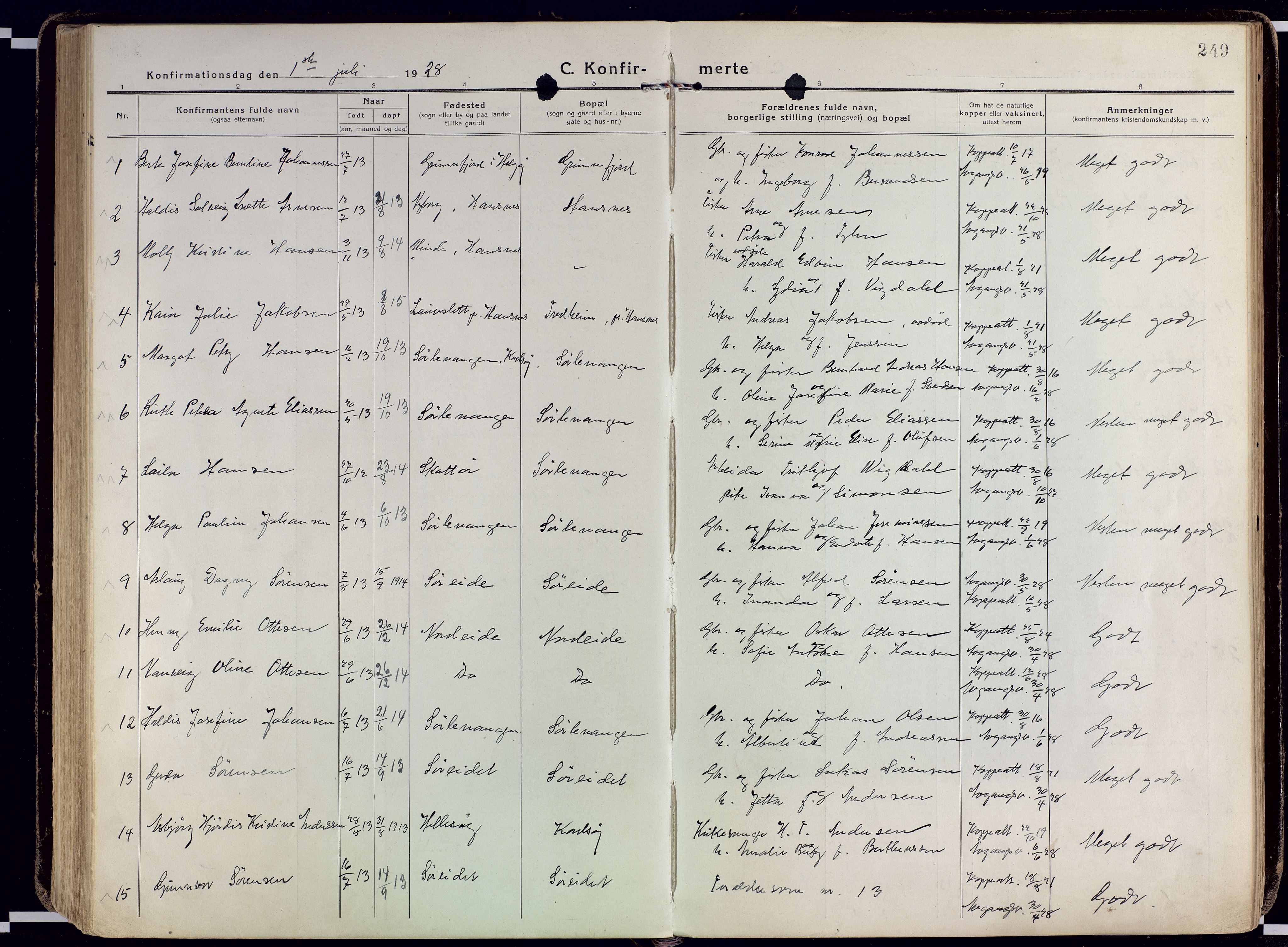 Karlsøy sokneprestembete, AV/SATØ-S-1299/H/Ha/Haa/L0015kirke: Parish register (official) no. 15, 1918-1929, p. 249
