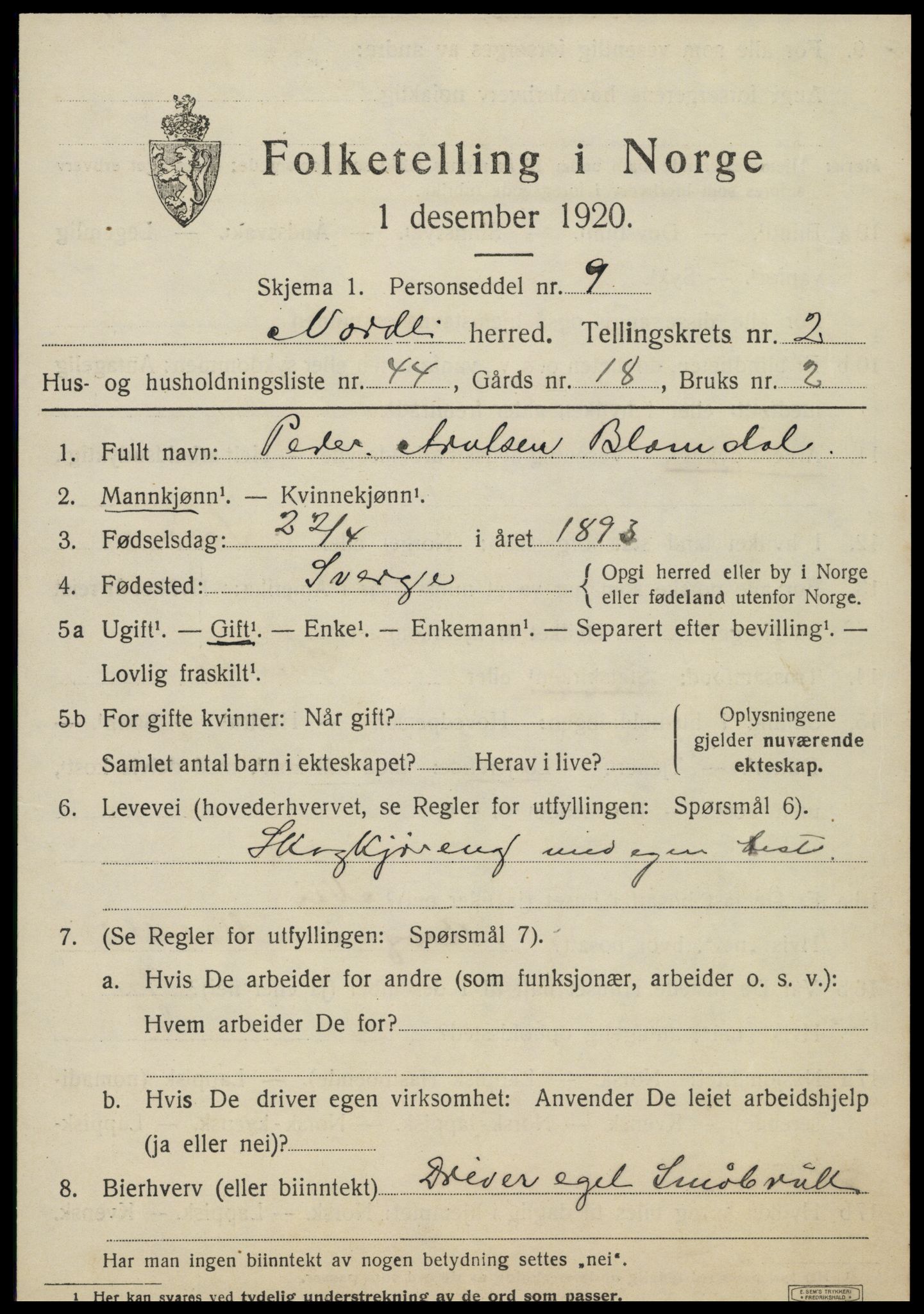 SAT, 1920 census for Nordli, 1920, p. 1403