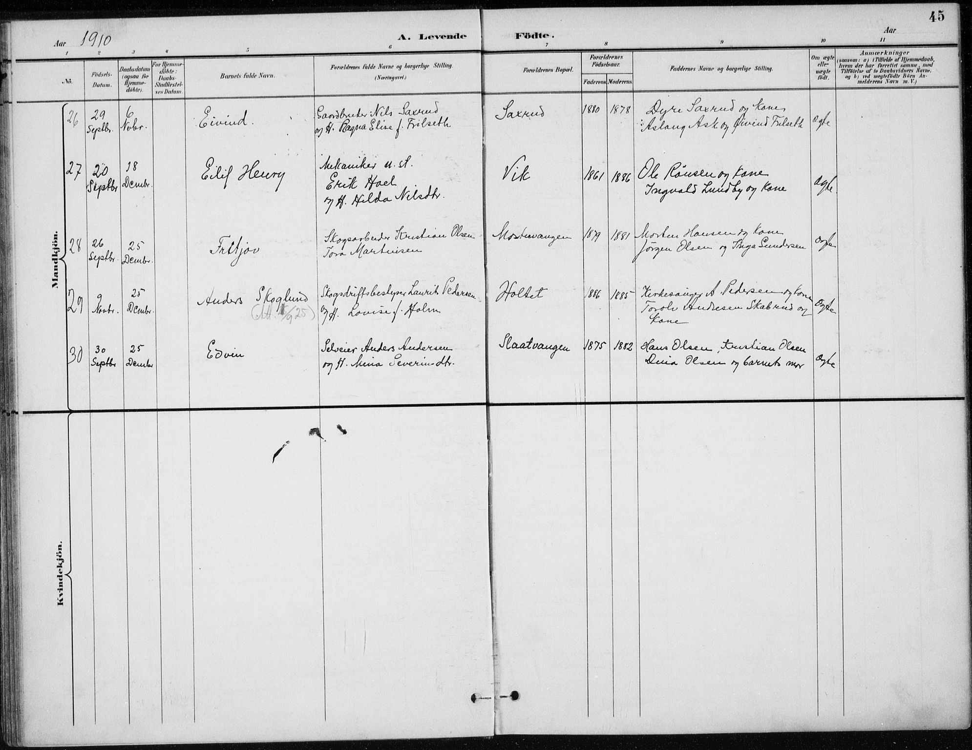 Stange prestekontor, AV/SAH-PREST-002/K/L0023: Parish register (official) no. 23, 1897-1920, p. 45