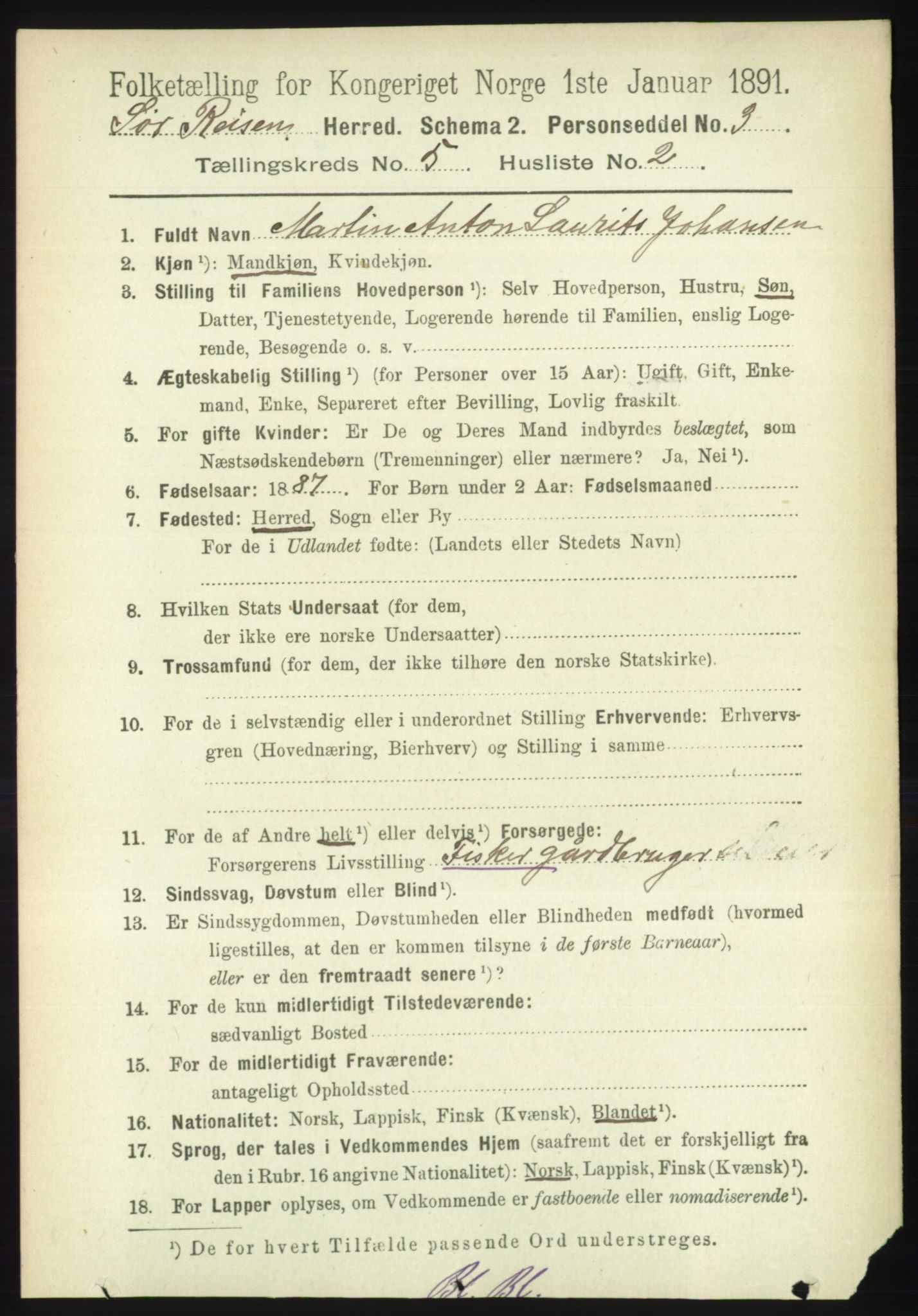 RA, 1891 census for 1925 Sørreisa, 1891, p. 1583