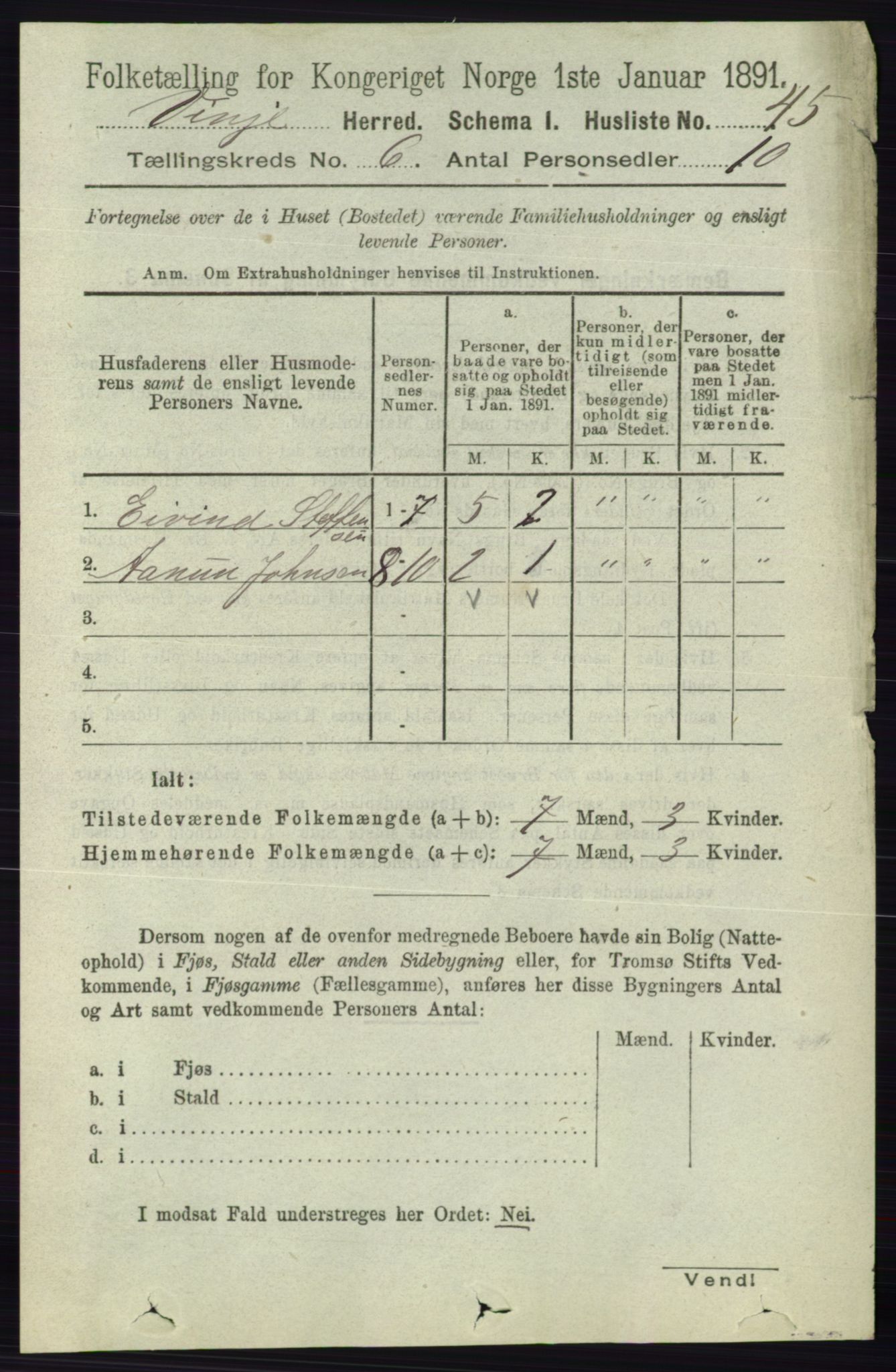 RA, 1891 census for 0834 Vinje, 1891, p. 1401