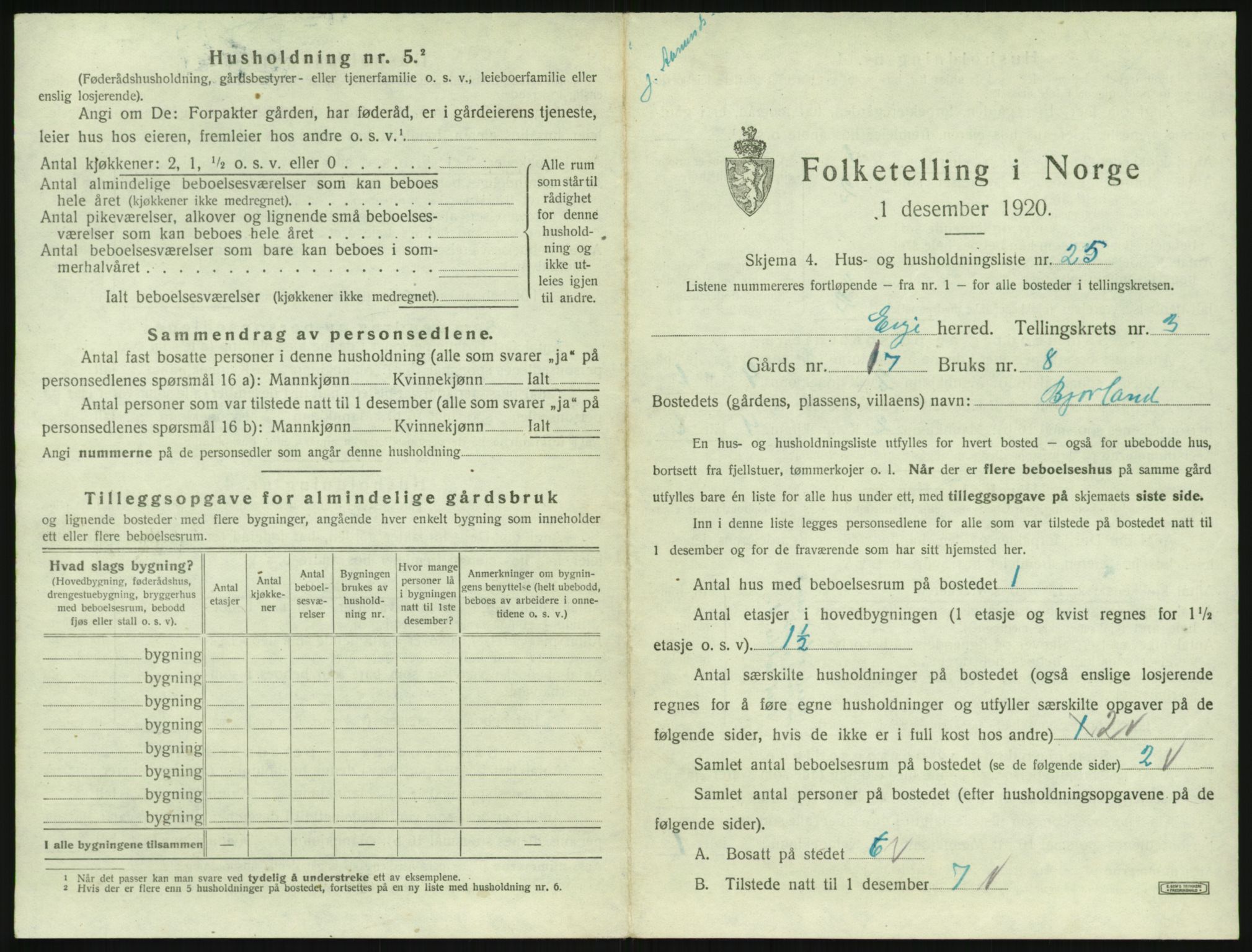 SAK, 1920 census for Evje, 1920, p. 154