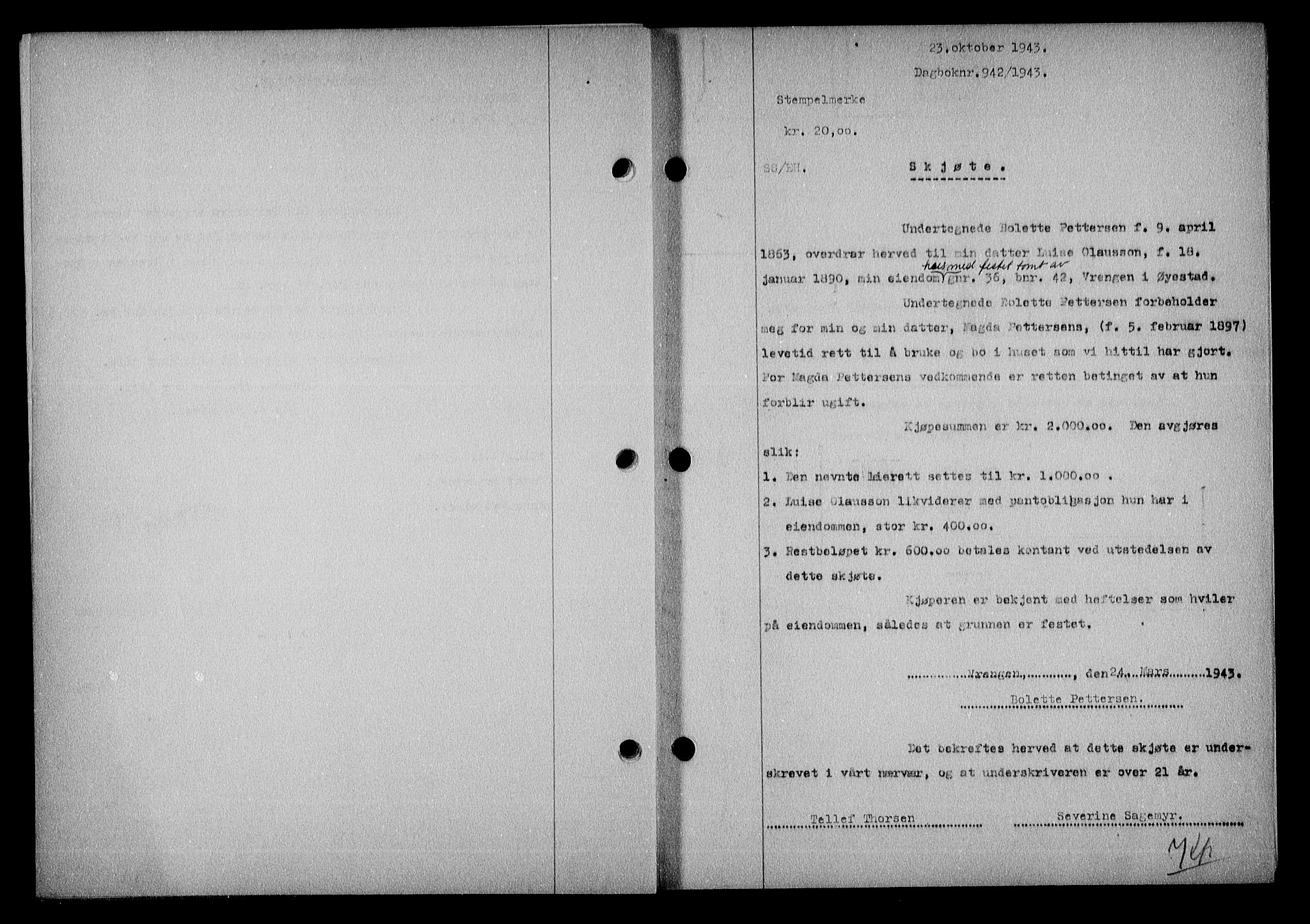 Nedenes sorenskriveri, SAK/1221-0006/G/Gb/Gba/L0051: Mortgage book no. A-V, 1943-1944, Diary no: : 942/1943