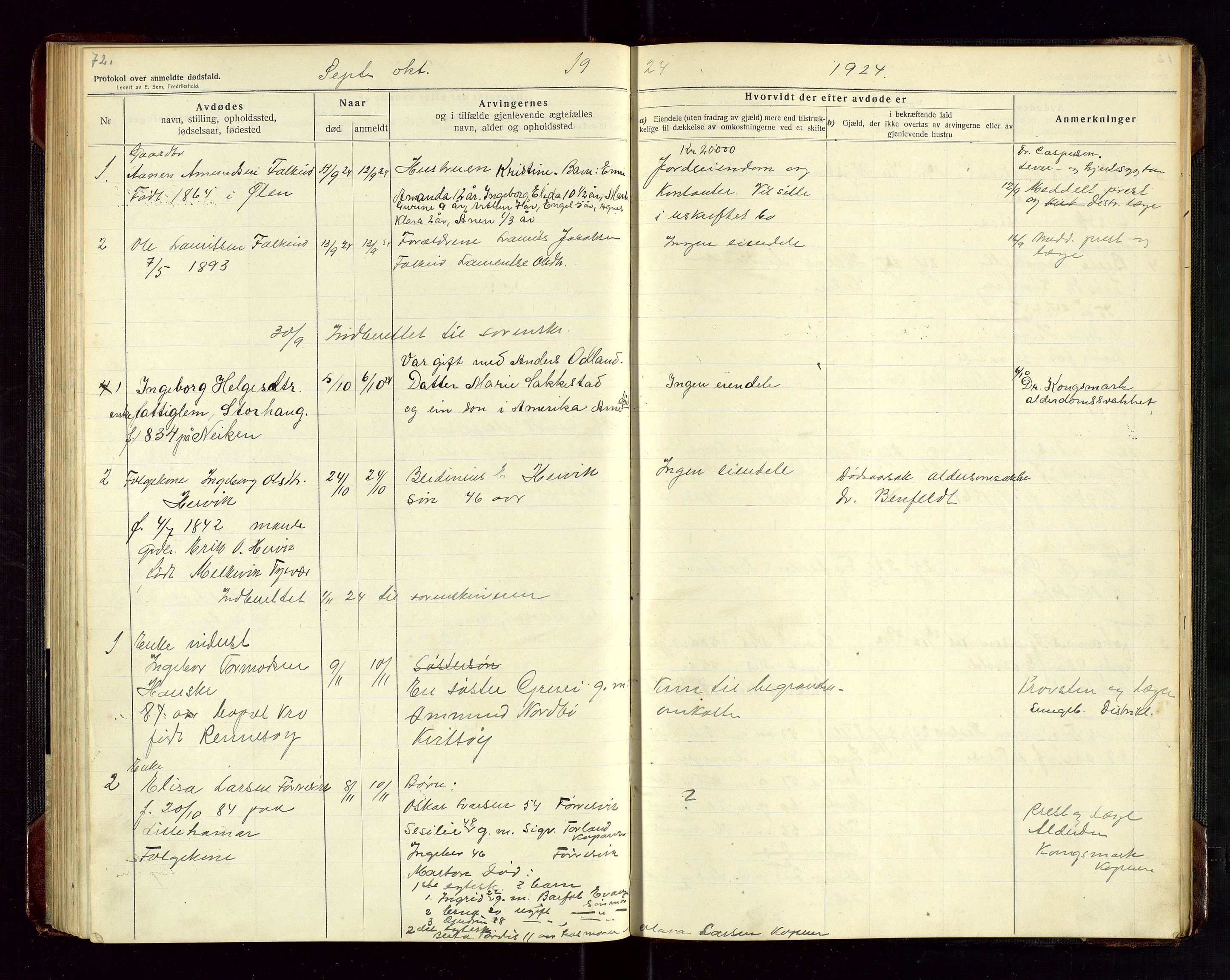 Tysvær lensmannskontor, AV/SAST-A-100192/Gga/L0003: "Protokol over anmeldte dødsfald i Tysvær" med register, 1916-1926, p. 72