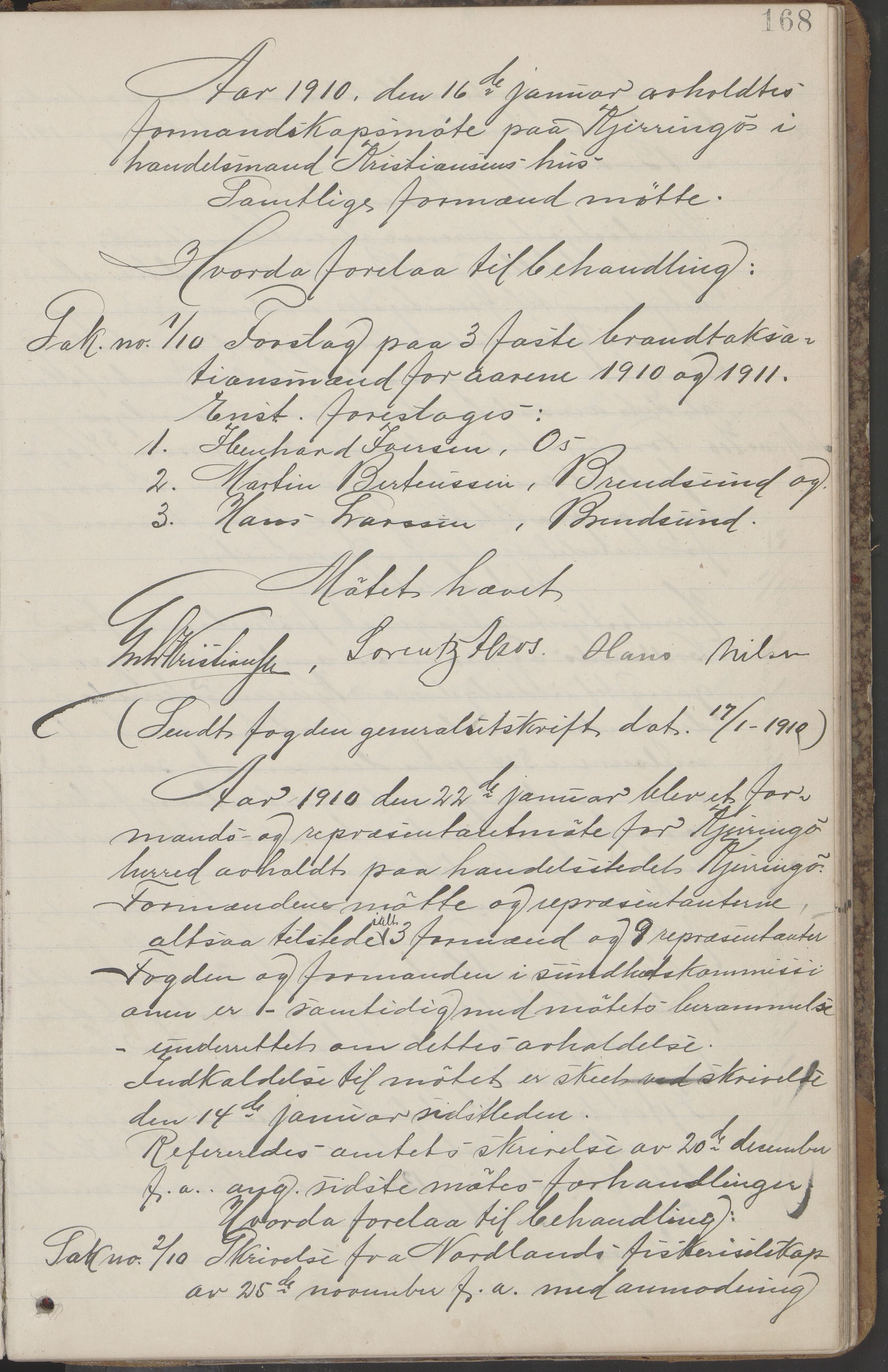 Kjerringøy kommune. Formannskapet, AIN/K-18441.150/A/Aa/L0002: Forhandlingsprotokoll Norfolden- Kjerringø formanskap, 1900-1911, p. 168