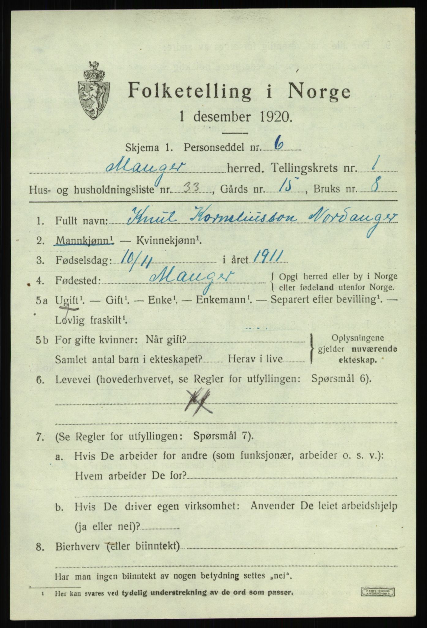 SAB, 1920 census for Manger, 1920, p. 1915