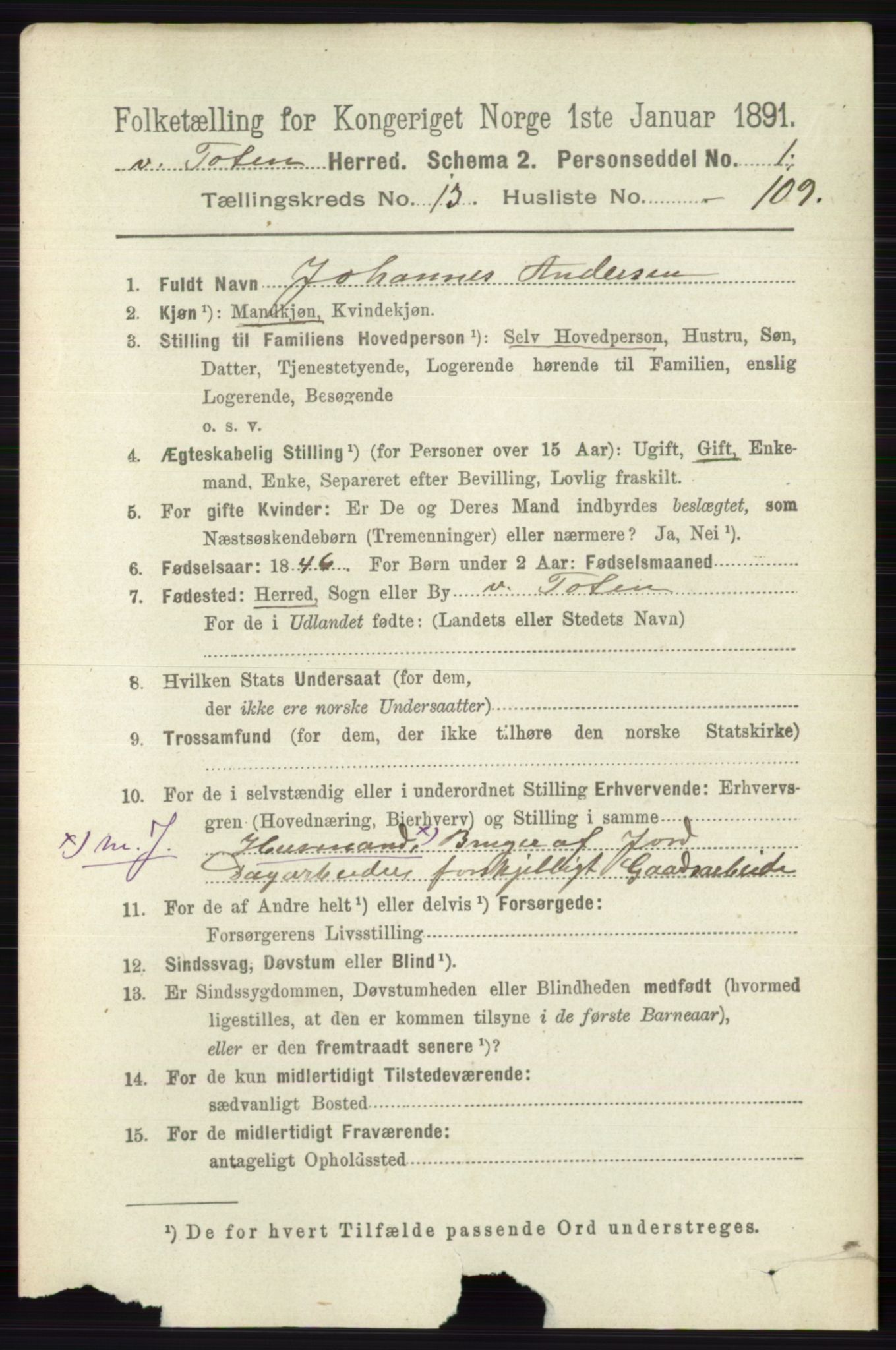 RA, 1891 census for 0529 Vestre Toten, 1891, p. 8406